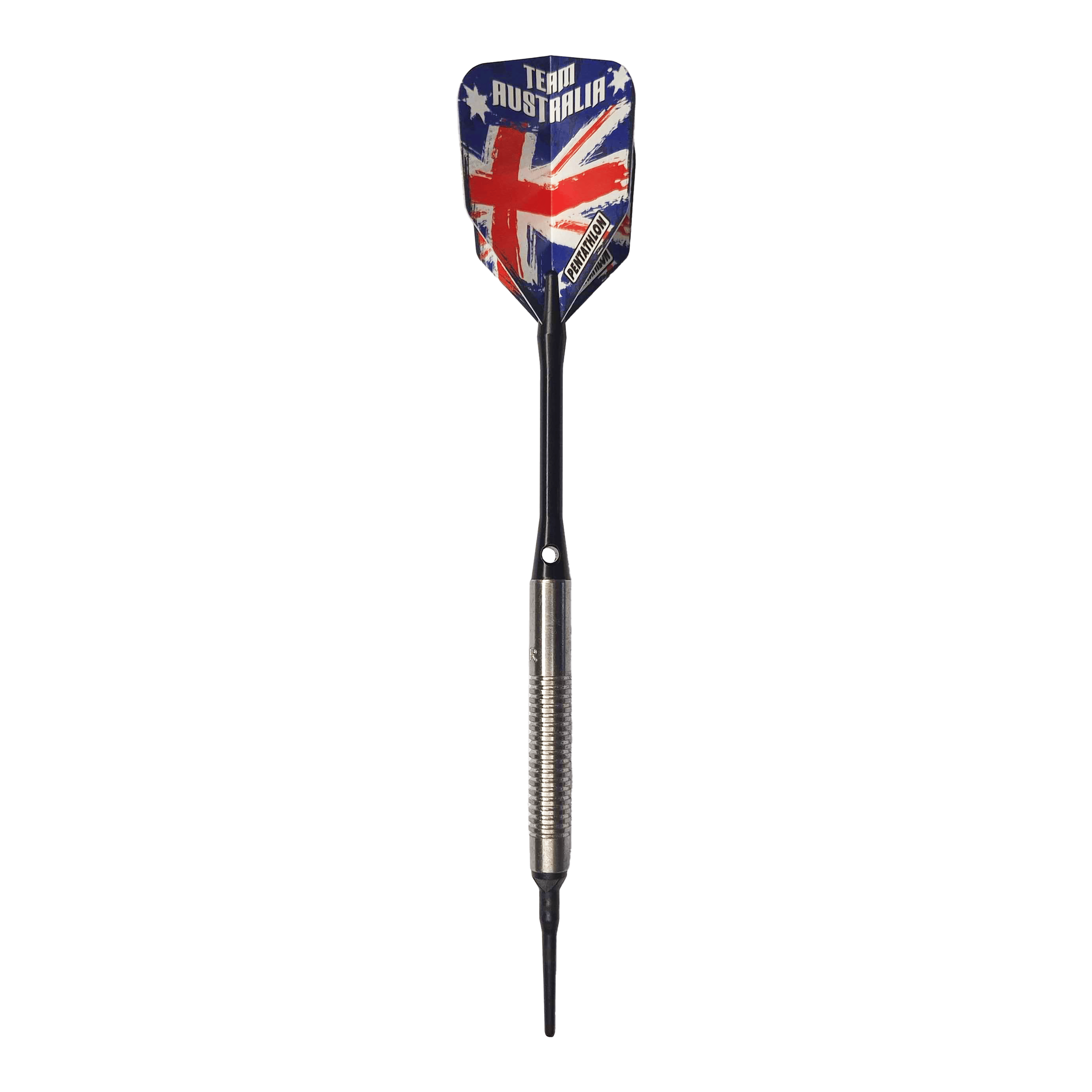 Freccette morbide McDart 85 Tungsten V8 - 18,5 g Auf dem Bild ist ein Softdart mit einer silbernen Griffzone und langer schwarzer Spitze zu sehen. Die Dart-Flügel zeigen das Design der australischen Flagge mit der Aufschrift "TEAM AUSTRALIA".
