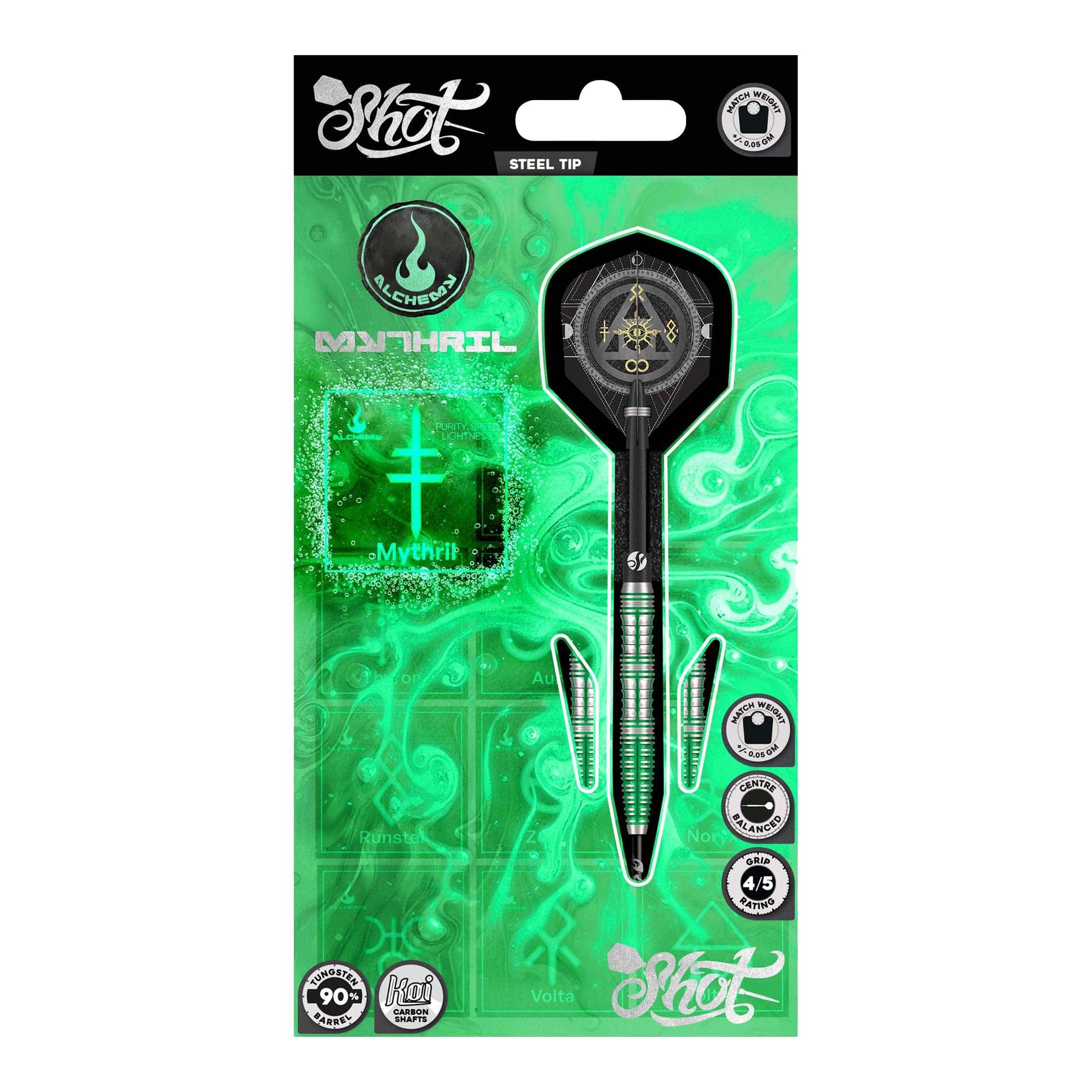 Freccette in acciaio Mythril di Shot Alchemy Dieses Bild zeigt die Shot Alchemy Mythril Steeldarts. Das Design der Steeldarts ist detailliert und modern.