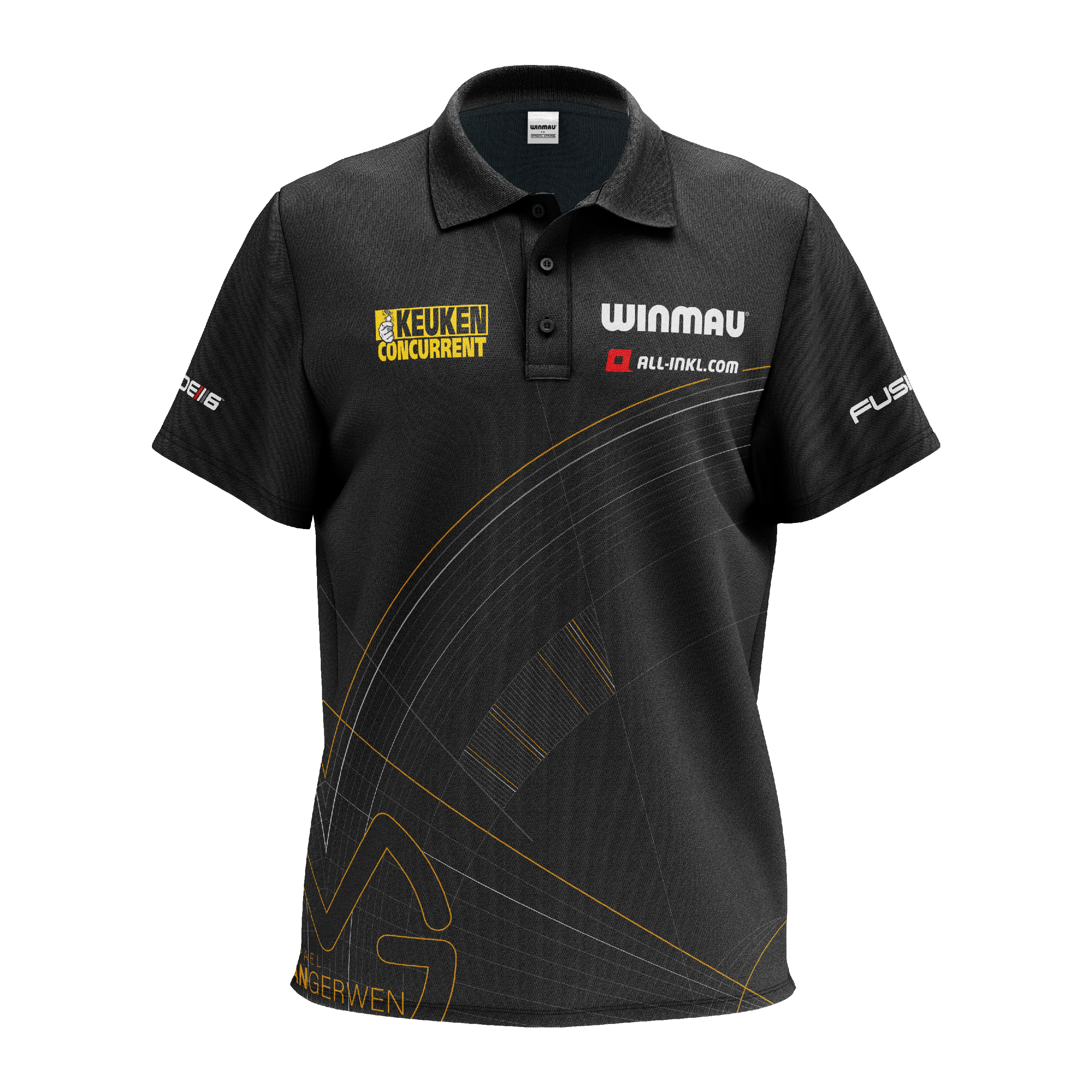 Polo Winmau in edizione limitata Tour Dart Das Bild zeigt ein schwarzes Polo-Dartshirt mit verschiedenen Logos und Sponsorenaufdrucken. Das Shirt ist das "Winmau Limited Edition Tour Polo Dartshirt".