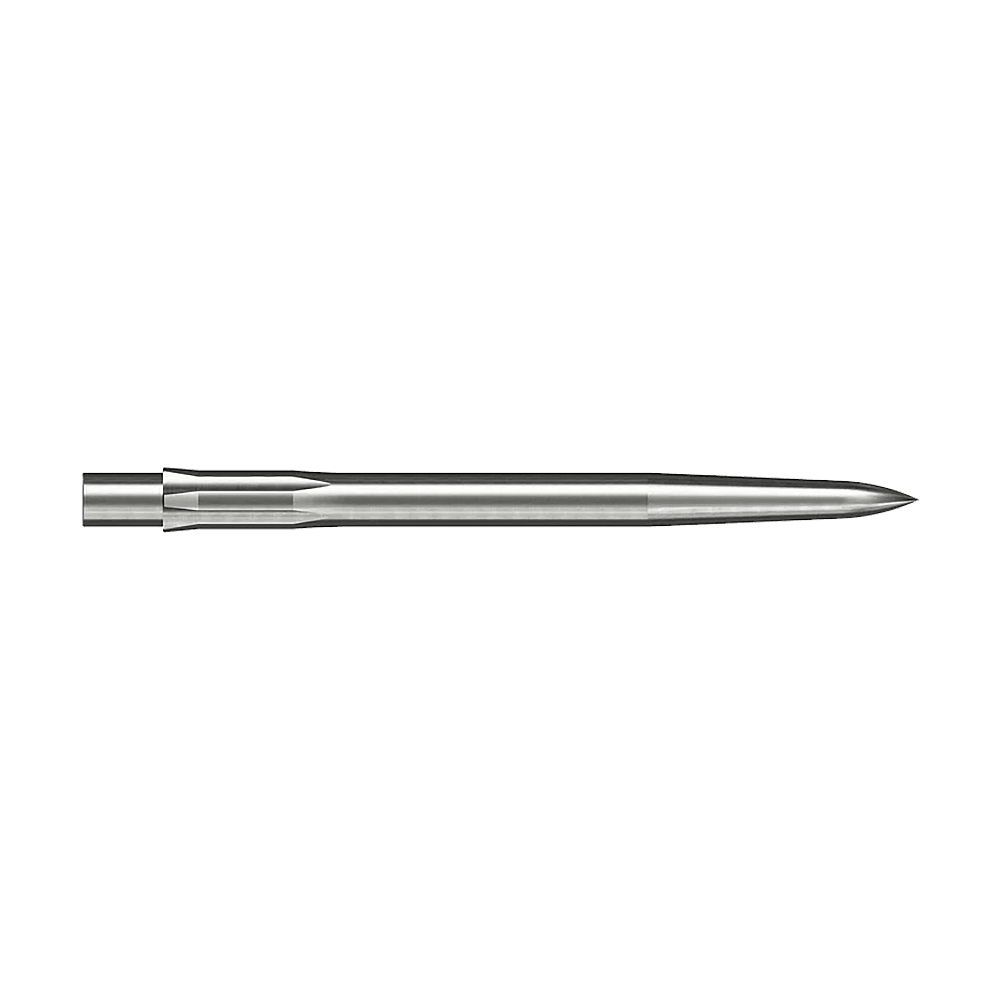 Dies ist eine silberne, glatte Steeldartspitze. Sie hat eine Länge von 32 mm und ist schlank und spitz geformt.