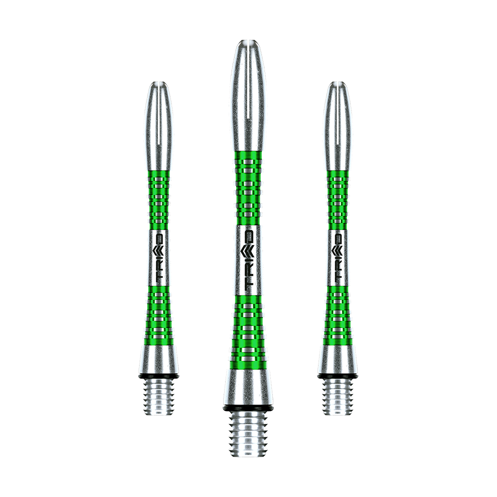 7013-403_Winmau_Triad_Aluminium_Shafts_Gr-n_41mm_1LUSPmNeAebMpS Winmau Triad Aluminium Shafts einzeln angeordnet. Die Schäfte zeigen geradlinige Strukturen.