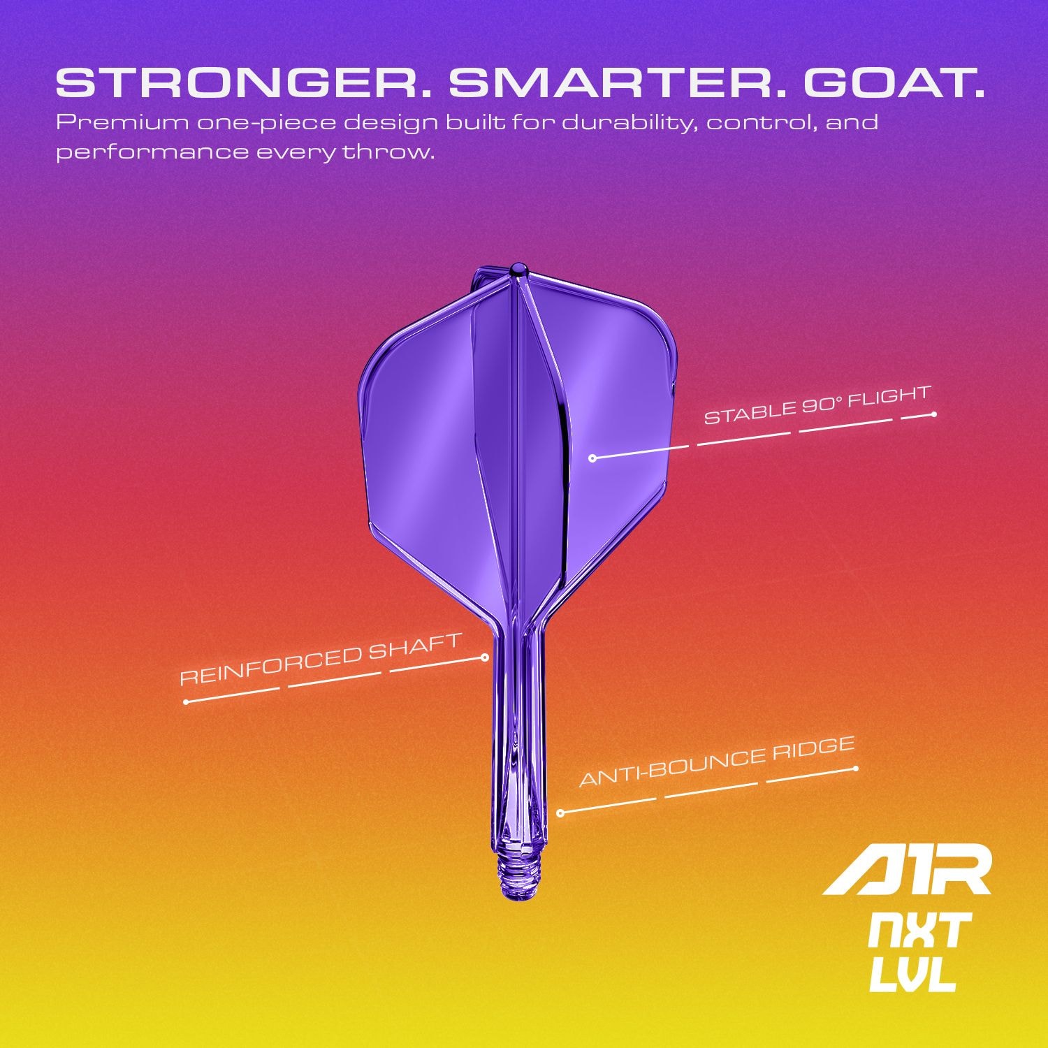 Sistema di alberi di volo GOAT A1R No6 - Viola neon Abgebildet ist das GOAT A1R No6 Flight-Shaft-System in leuchtendem Neon Lila. Es ist speziell für den Einsatz im Dartsport konzipiert.