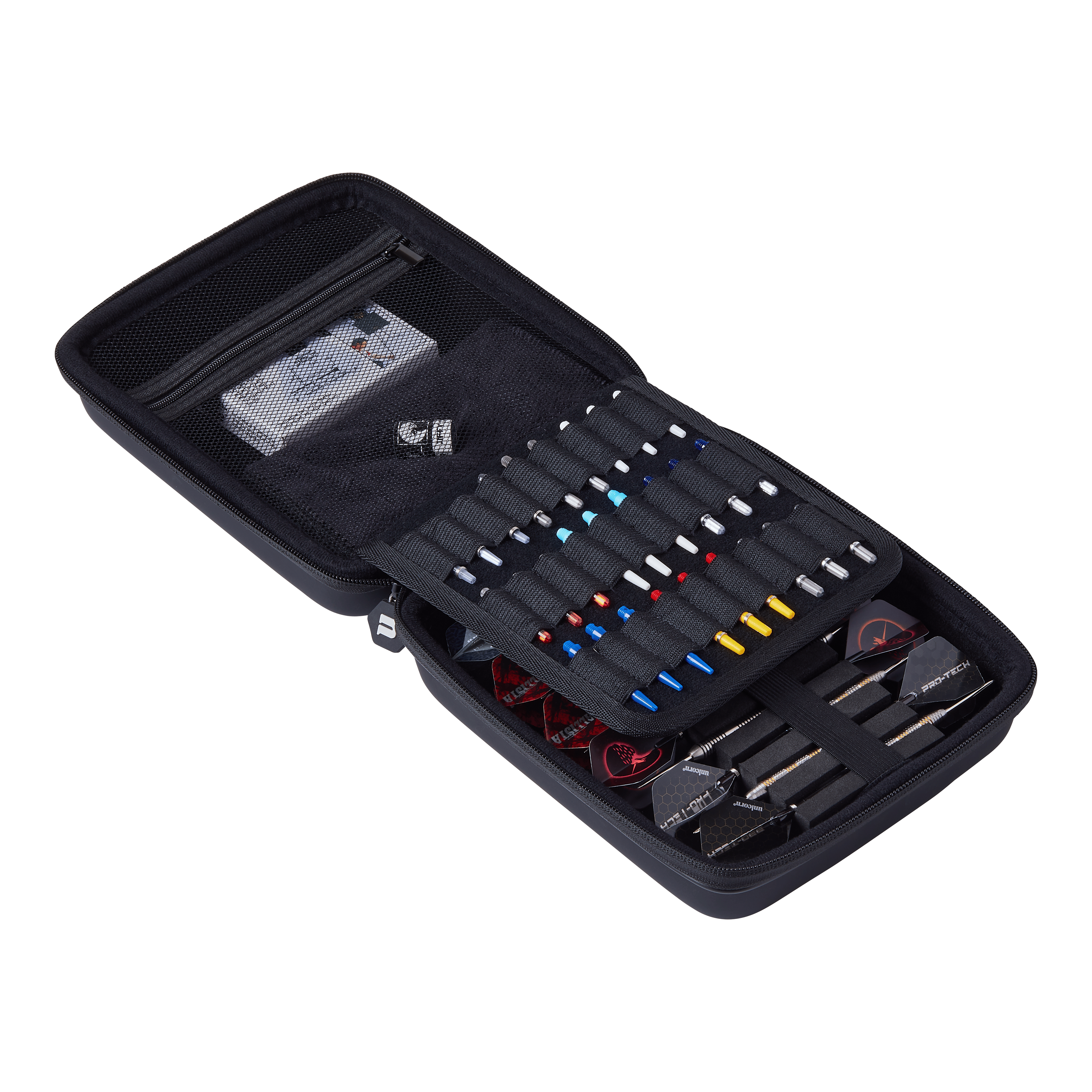 Custodia per freccette grande Unicorn Ultra 3UP - Nera Das Bild zeigt ein offenes schwarzes Dartcase namens "Unicorn Ultra 3UP Large Dartcase". Im Inneren sind verschiedene Dartpfeile, Ersatzteile und Zubehör ordentlich sortiert.