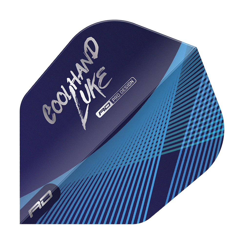Voli Red Dragon Luke Humphries Coolhand Blue Silver No6 Das Bild zeigt ein Dartflight in Blau mit silbernen und blauen Linien. Auf dem Flight steht der Schriftzug „Coolhand Luke“ und das Logo „RD Pro Design“.