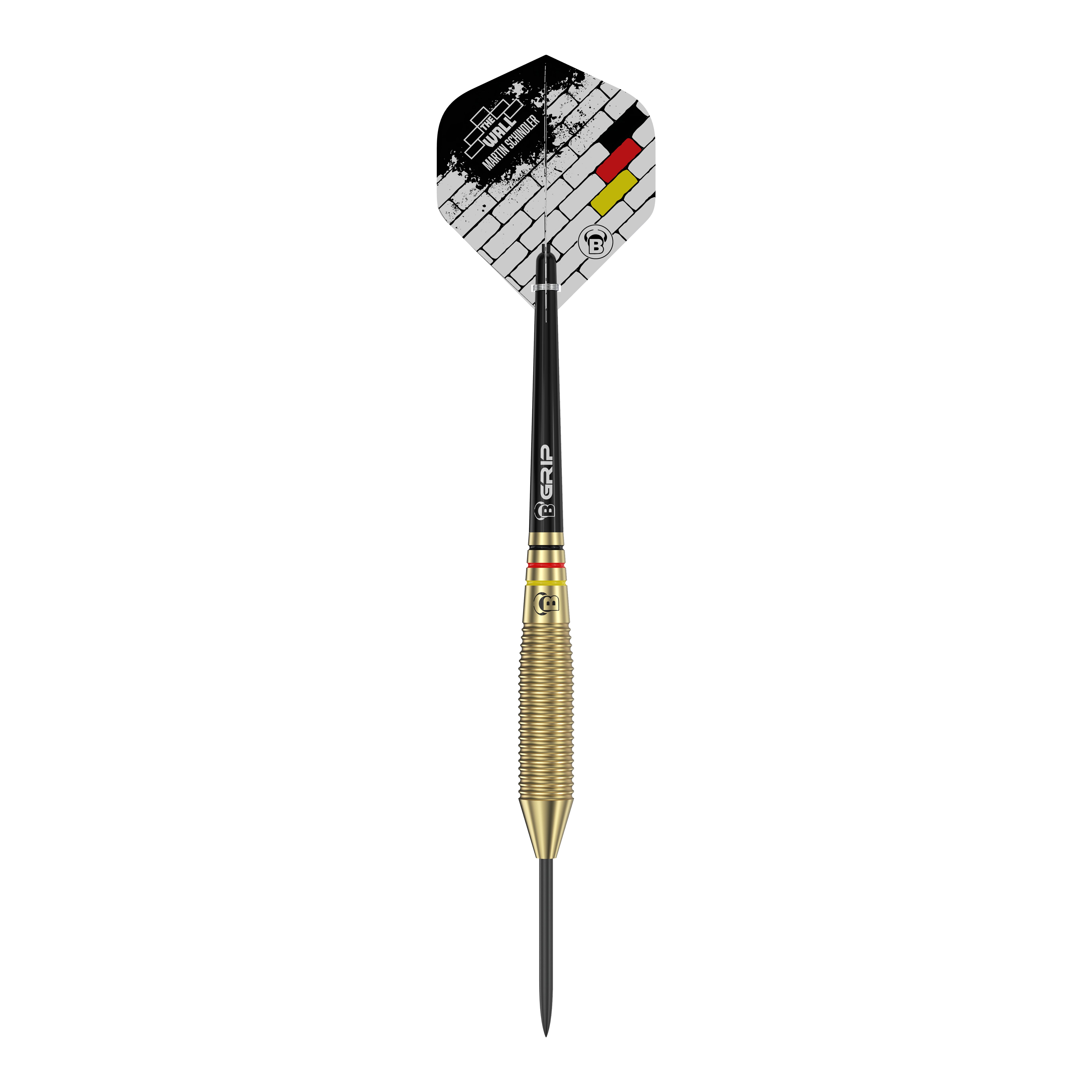 Bulls Martin Schindler The Wall Brass Steeldarts Auf dem Bild ist ein Bull's Martin Schindler The Wall Brass Steeldart zu sehen. Der Dartpfeil hat einen messingfarbenen, geriffelten Schaft und eine Flight mit einem Ziegelstein-Design und deutschen Farben.