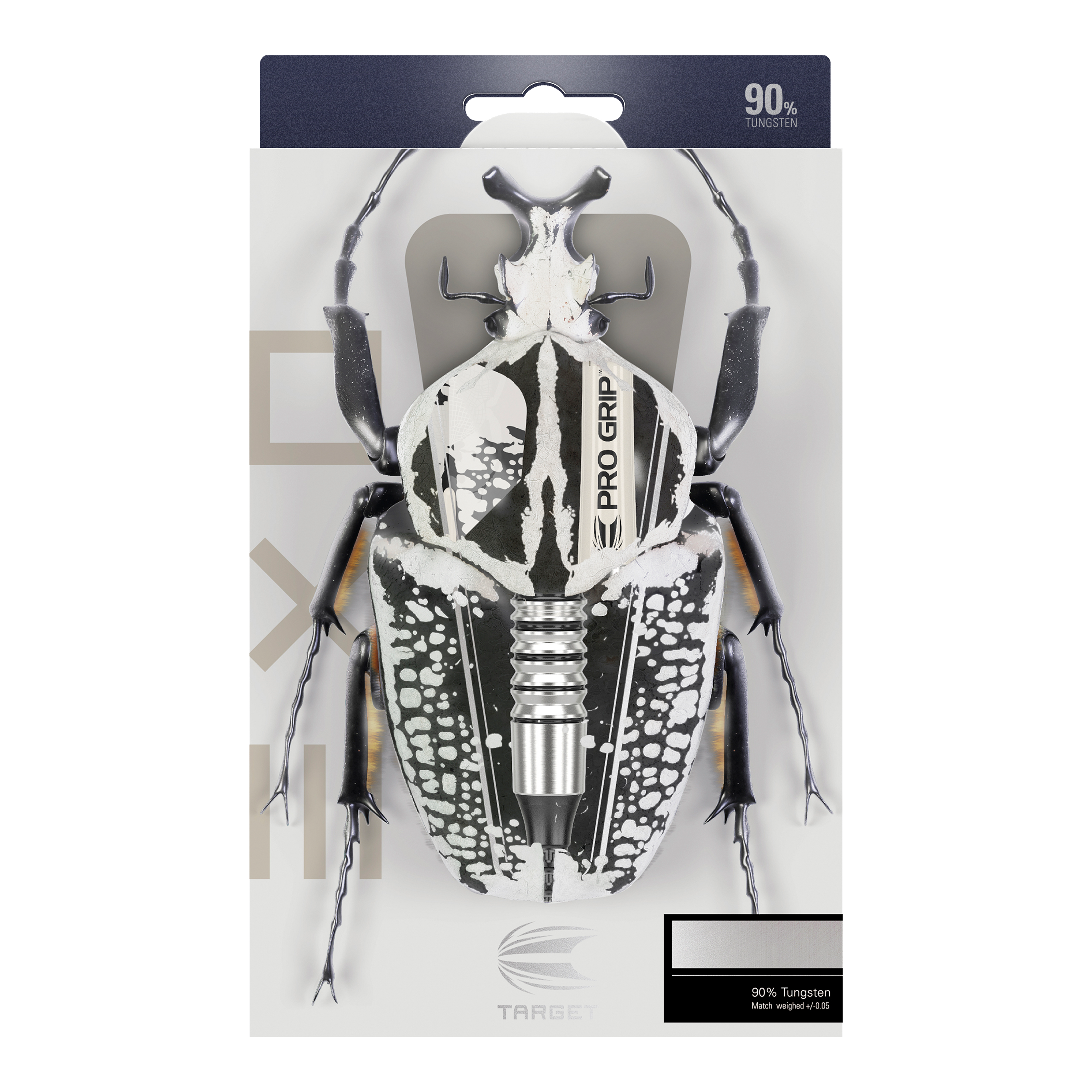 Freccette morbide Target EXO 10 Die Verpackung zeigt die Target EXO 10 Softdarts, bei denen ein Dartpfeil kreativ als Teil eines Käfers dargestellt ist. Oben steht, dass die Darts aus 90 % Tungsten bestehen.