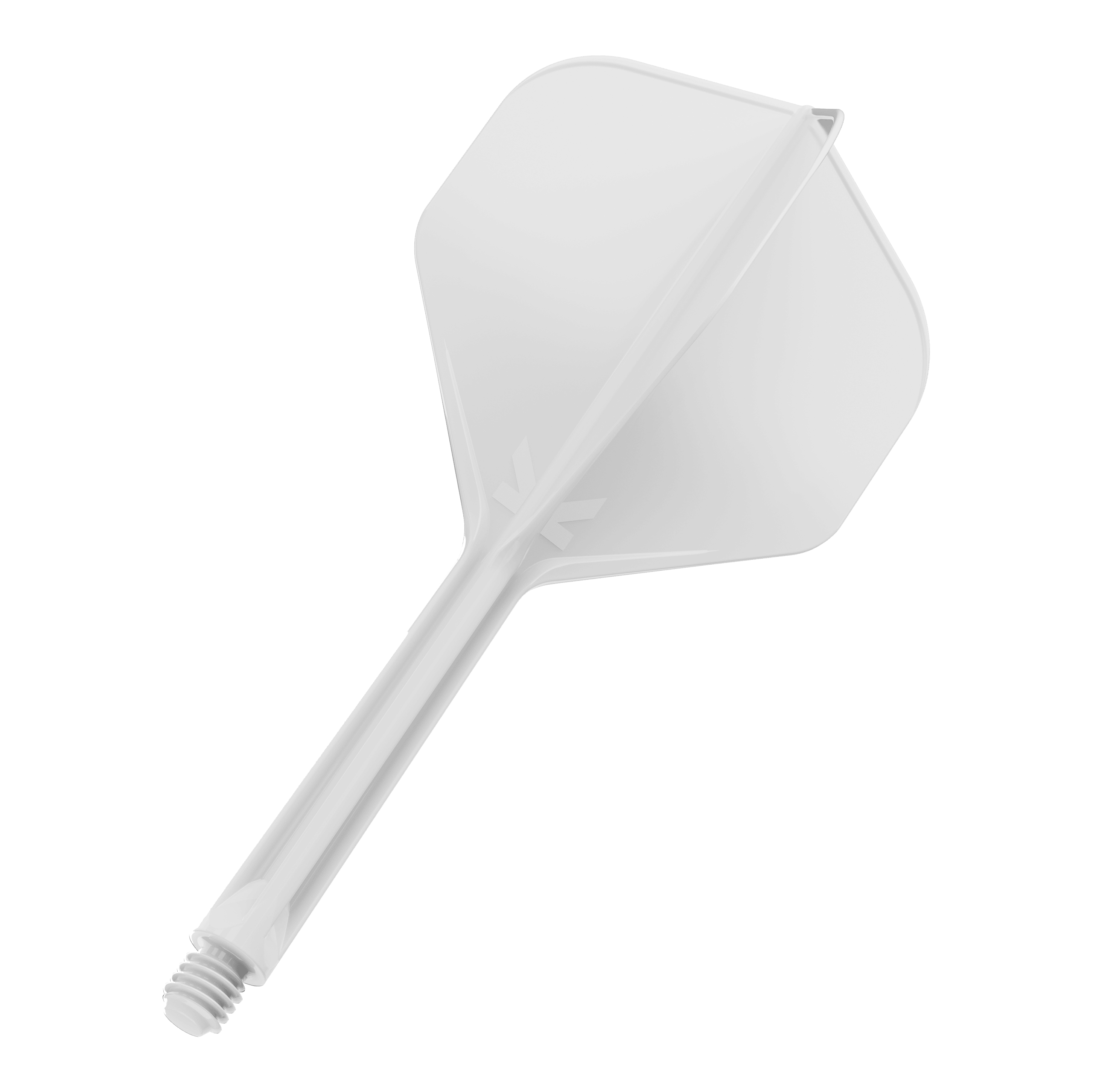 Target K-Flex No2 Standard Flight System - Bianco Das Bild zeigt einen weißen Dartflügel mit integriertem Schaft. Der Schaft hat ein Schraubgewinde am Ende zur Befestigung am Dartpfeil.