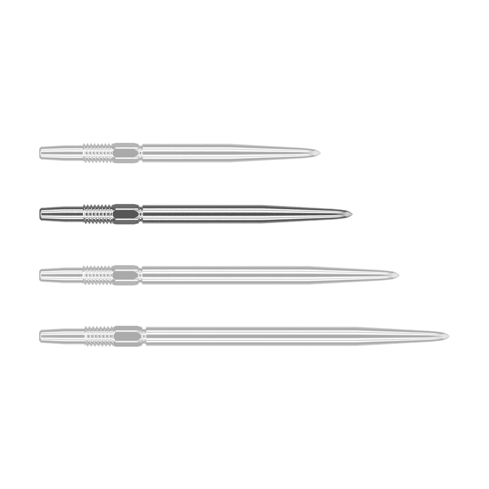 Punte per freccette Target Swiss Point Silver Das Bild zeigt vier silberne Dartspitzen, die nebeneinander liegen. Sie sind lang, schmal und haben ein geriffeltes Stück am oberen Ende.