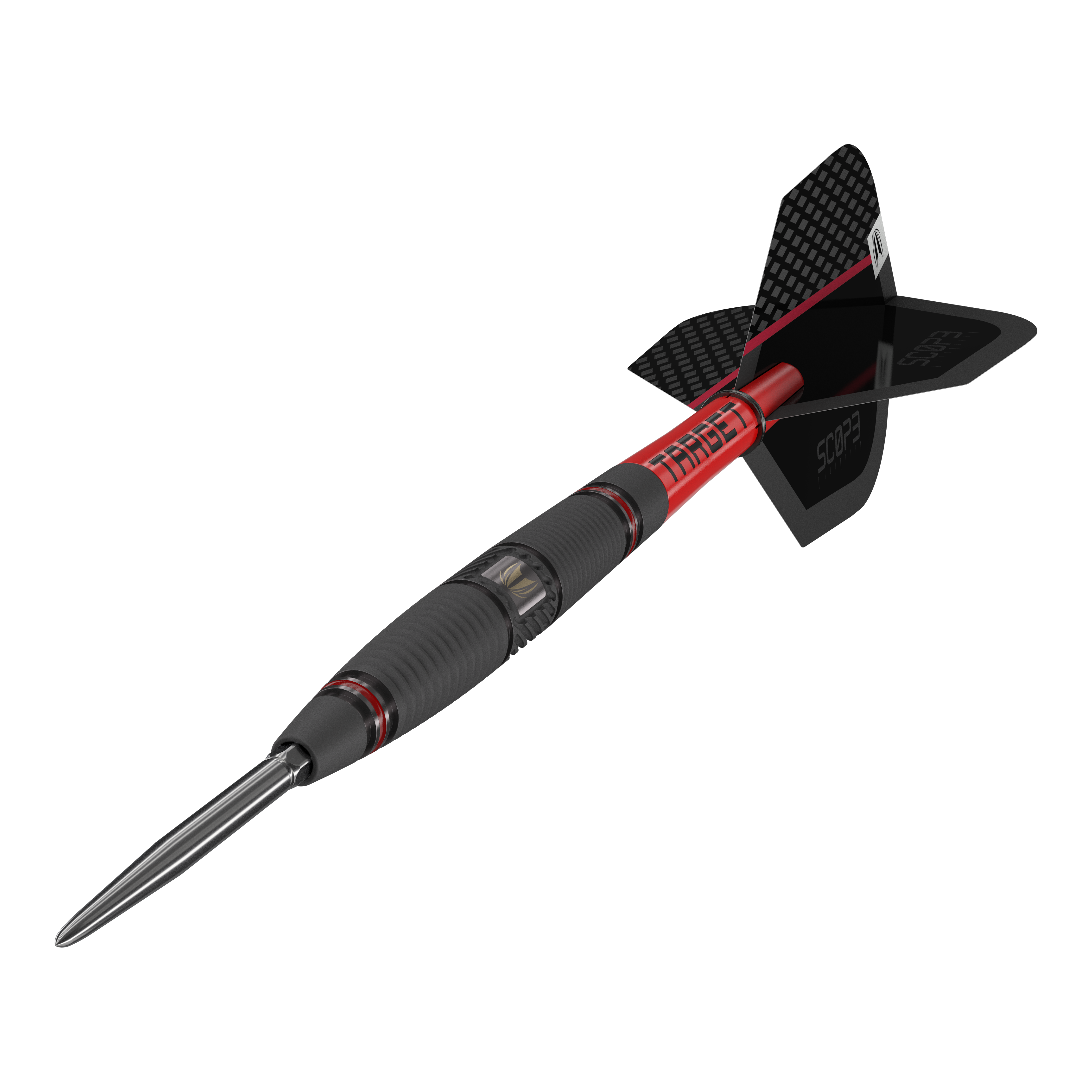 Target Scope 04 freccette in acciaio Swiss Point Das Bild zeigt den Target Scope 04 Swiss Point Steeldart. Der Dart hat ein schwarz-rotes Design mit geriffeltem Griff und einer metallischen Spitze.
