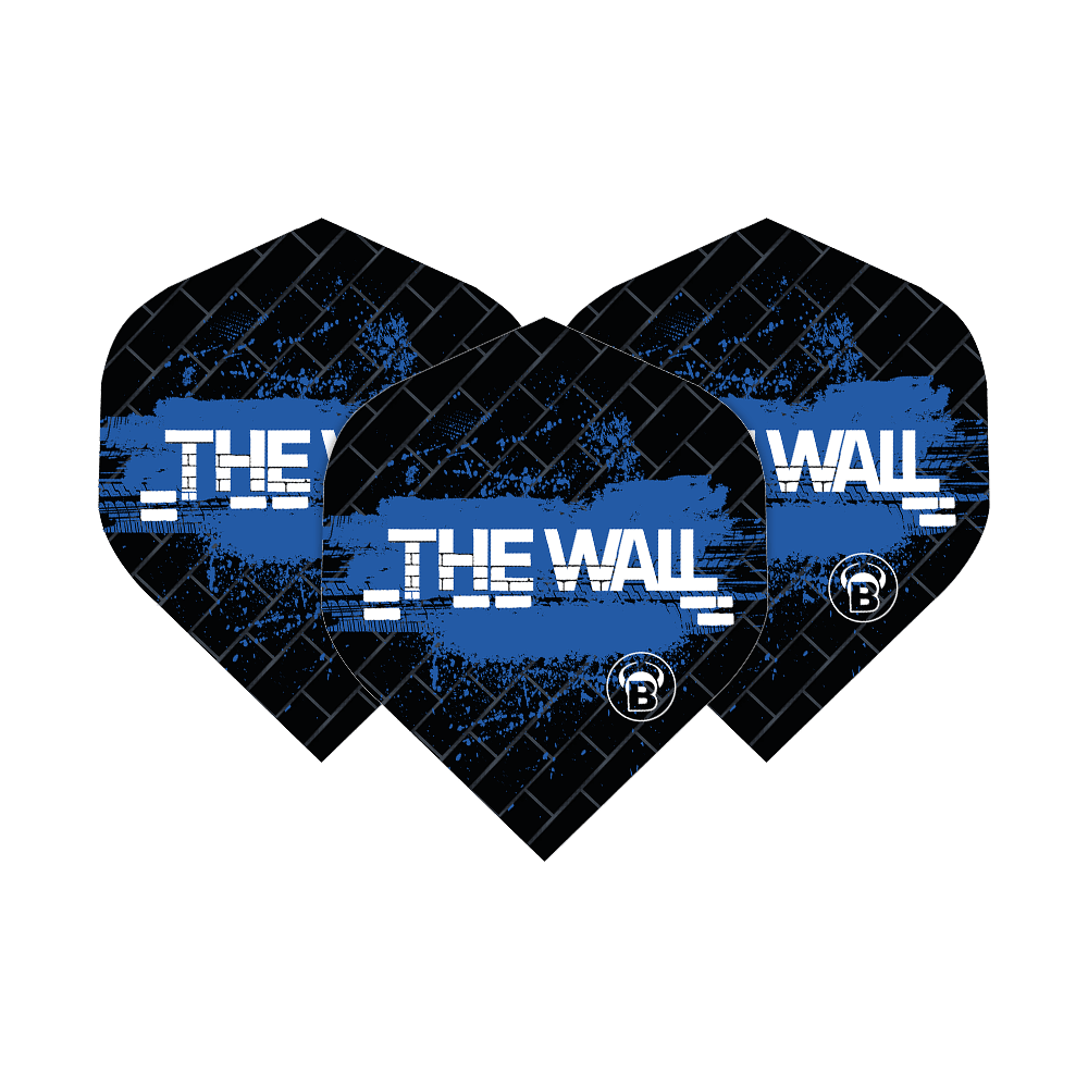 Bulls B-Star Martin Schindler Nero Blu No2 Voli Standard Das Bild zeigt drei schwarze Dart-Flights mit blauen Akzenten und der Aufschrift „THE WALL“. Es handelt sich um die Bulls B-Star Martin Schindler Black Blue No2 Standard Flights.