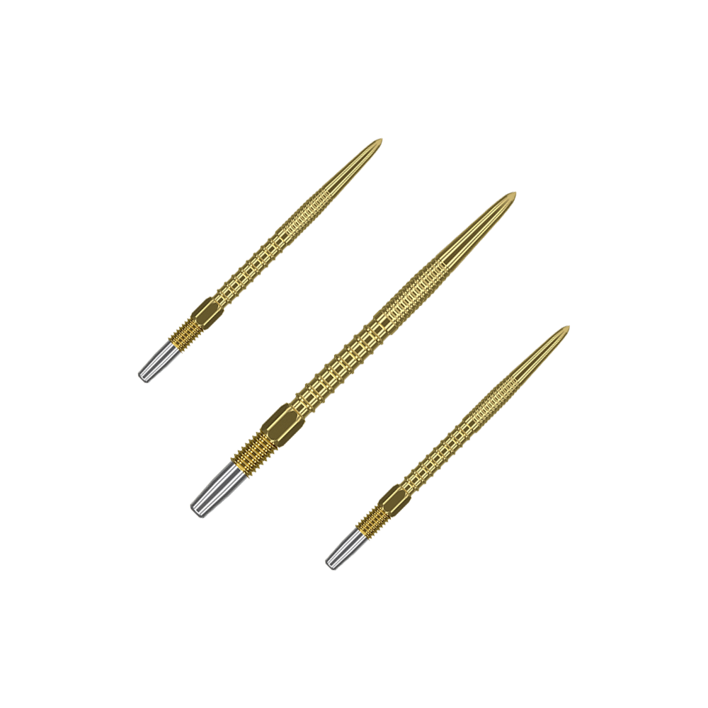 Punte per freccette Target Swiss Firepoint Gold Das Bild zeigt drei goldfarbene Dartspitzen mit silbernem Gewinde am Ende. Sie sind schlank und haben eine strukturierte Oberfläche für besseren Halt.