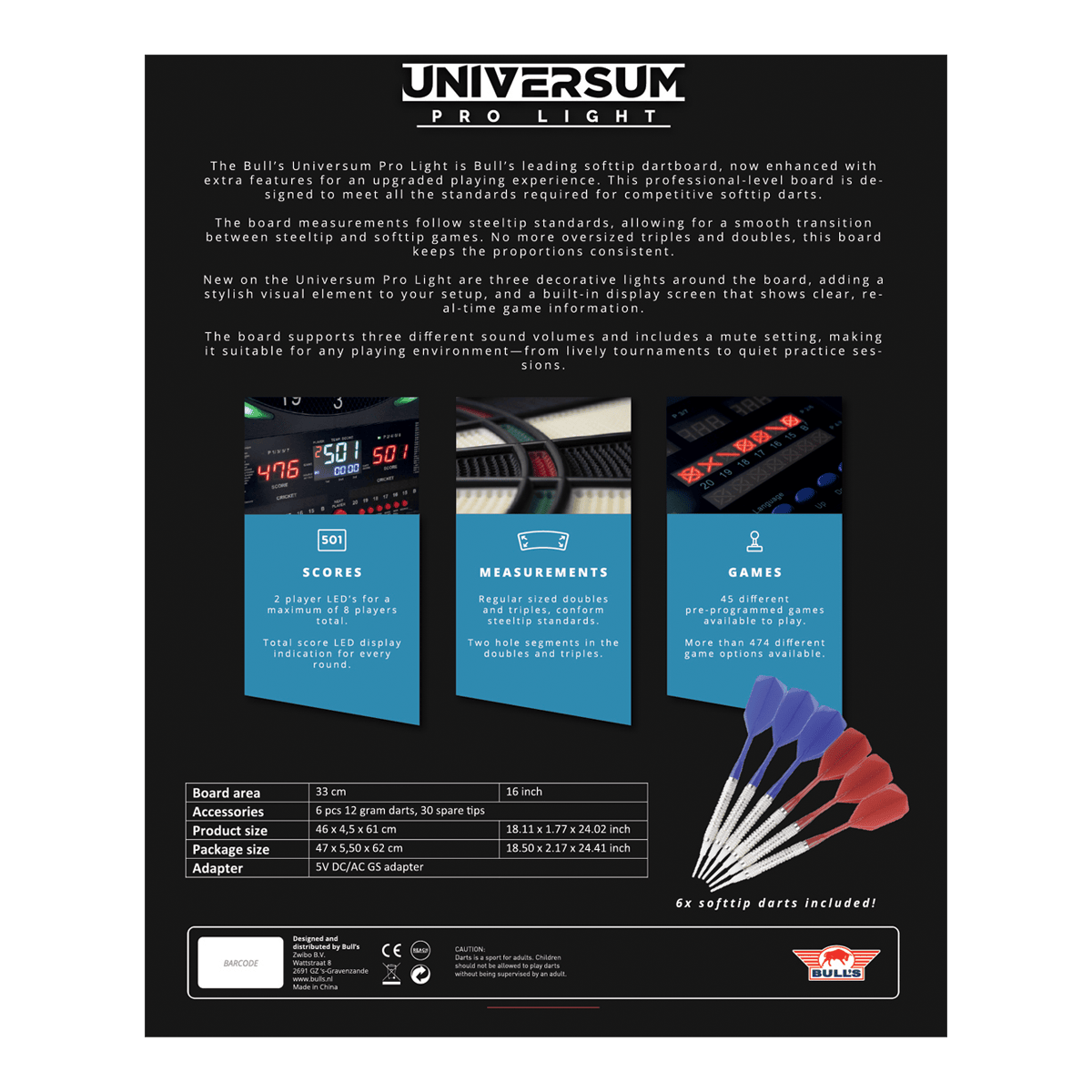 Bersaglio elettronico Bulls NL Universum Pro Light - Blu Rosso Auf dem Bild ist das Bulls NL Universum Pro Light Elektronisches Dartboard - Blau Rot zu sehen. Es eignet sich perfekt für Darts-Spiele zu Hause.