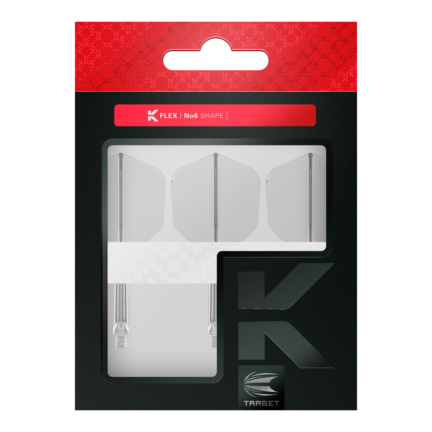 Sistema di volo Target K-Flex No6 - Trasparente Auf dem Bild ist eine Verpackung mit drei klaren Dartflights und Schäften der Marke Target zu sehen. Die Verpackung ist schwarz und rot gestaltet und trägt die Aufschrift "K FLEX | No6 SHAPE".