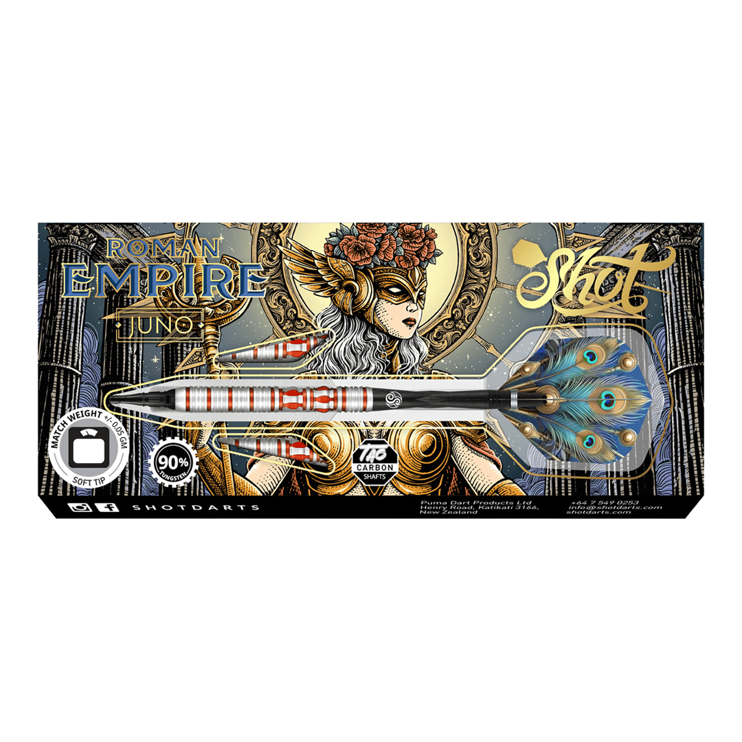 Shoto Impero Romano Juno freccette morbide Das Bild zeigt die Verpackung der Shot Roman Empire Juno Softdarts. Auf der Verpackung ist ein kunstvolles Design mit einer Kriegerin und auffälligen Farben abgebildet.