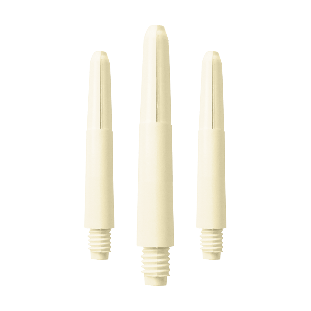 Das Bild zeigt drei Nylon Shafts in der Farbe Naturweiß. Die Shafts haben ein schlichtes, glattes Design mit einem Schraubgewinde am unteren Ende.