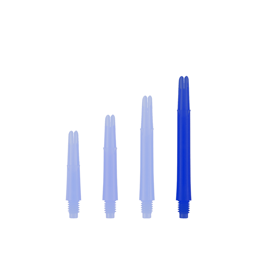 Alberi a L bloccati dritti - Blu Auf dem Bild sind vier blaue gerade Dartschäfte in unterschiedlichen Längen zu sehen. Sie stehen nebeneinander aufrecht und haben ein Schraubgewinde am unteren Ende.