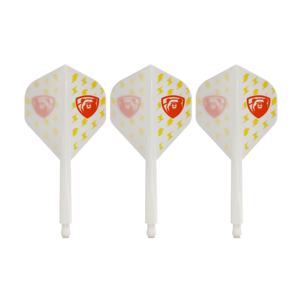 Sistema di volo Condor AX Thunderbolt White - Standard Das Bild zeigt drei weiße Dartflights des Condor AXE Thunderbolt White Flight-Systems in Standardform. Die Flights sind mit gelben Blitzen und einem roten Schild-Logo verziert.