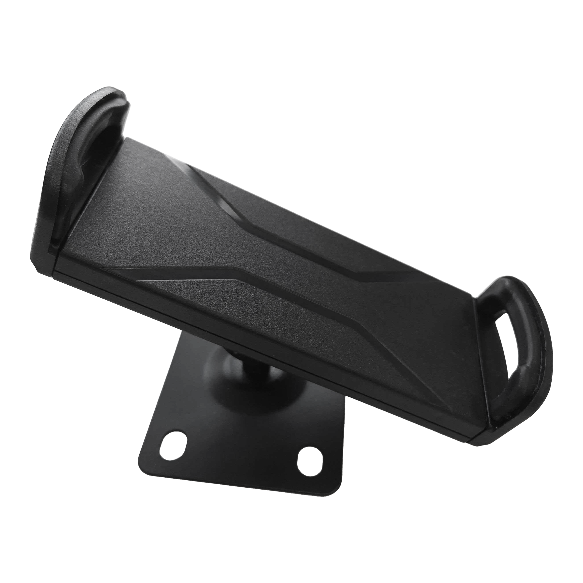 Supporto da parete per tablet McDart TABSteady Das Bild zeigt die McDart TABSteady Tablet Wandhalterung. Die Halterung ist schwarz und hat zwei seitliche Haltearme für ein Tablet.