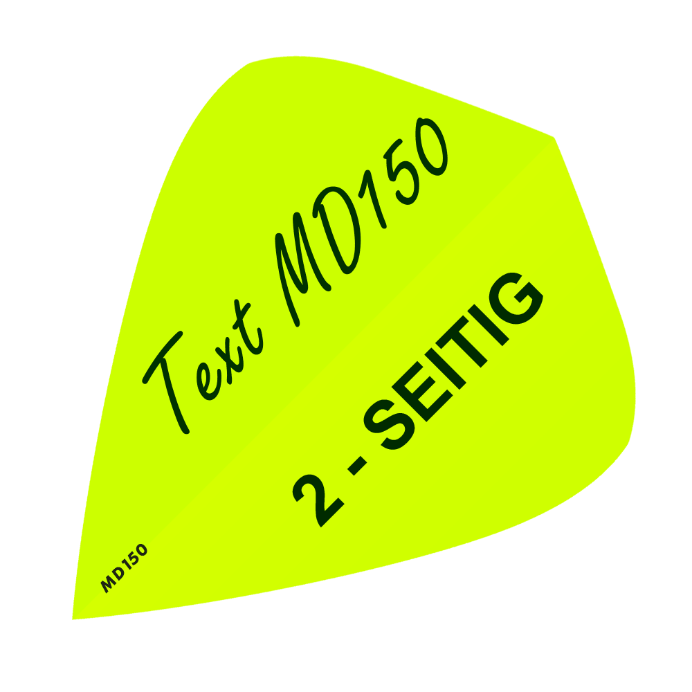 MD-305_2-Seitig_Bedruckte_Flights_Wunschtext_MD150_Neongelb_Kite_1 Das Bild zeigt eine gelbe Fläche mit dem Text "Text MD150" und "2-SEITIG". In der Ecke steht außerdem klein "MD150".