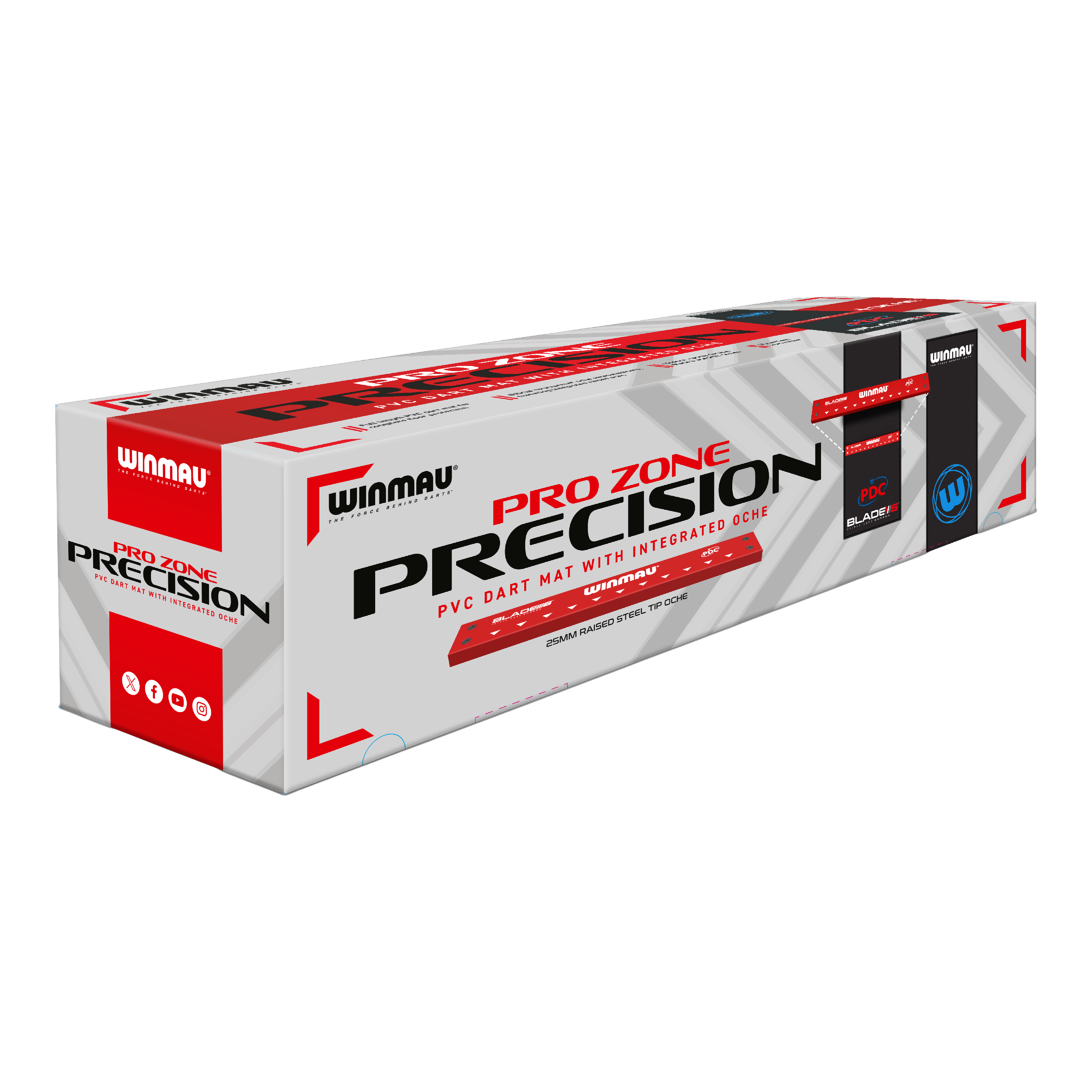 Tappetino per freccette Winmau Pro-Zone Precision Blade 6 in PVC con Oche Die Abbildung zeigt die Verpackung der "Winmau Pro-Zone Precision Blade 6 Dartmatte mit Oche". Auf der Verpackung steht, dass es sich um eine PVC-Dartmatte mit integriertem Oche handelt.
