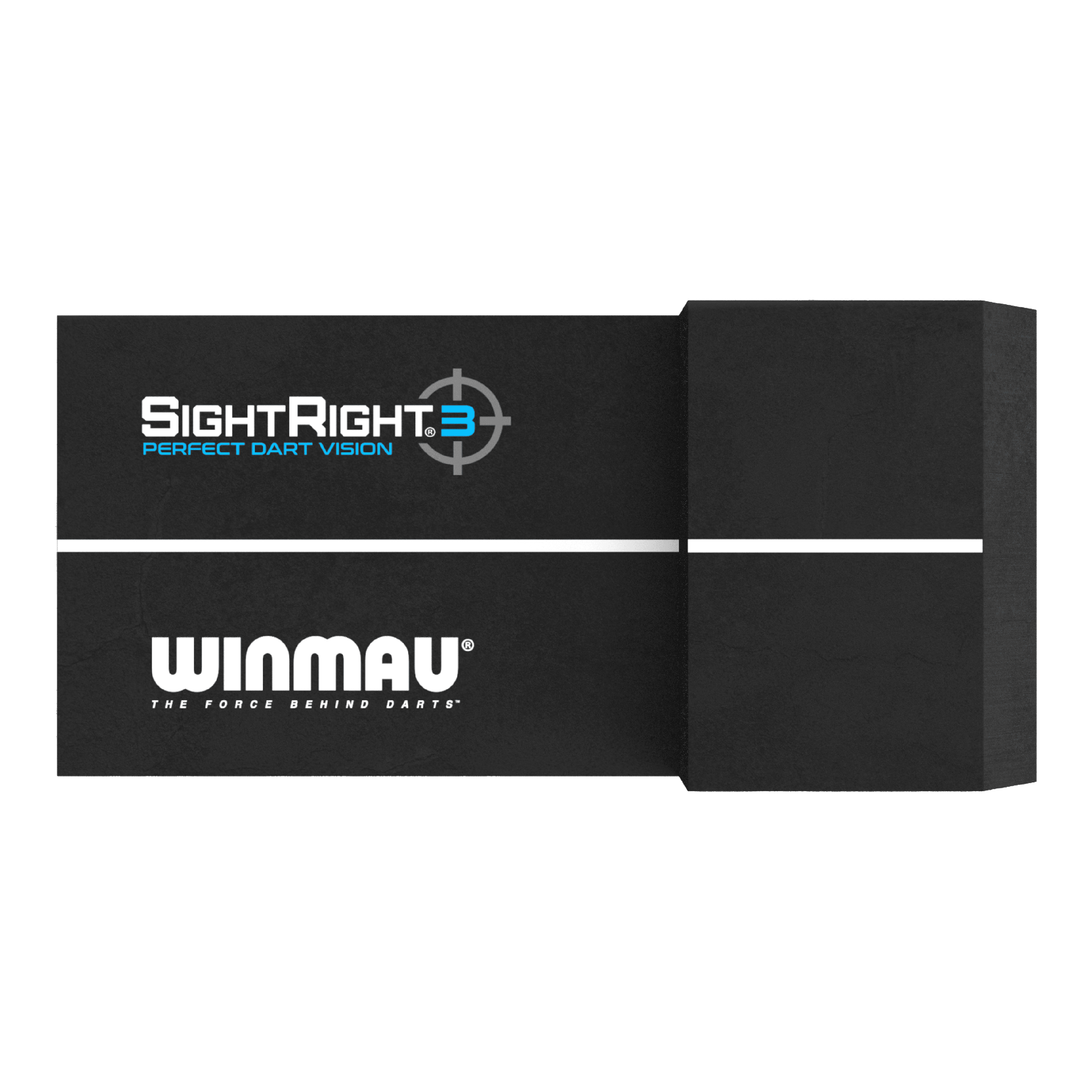 Winmau SightRight 3 - Compatto Das Bild zeigt das Produkt "Winmau SightRight 3 - Compact" zur Perfektionierung des Dart-Zielens. Es ist schwarz mit einem weißen Streifen und dem Winmau-Logo darauf.