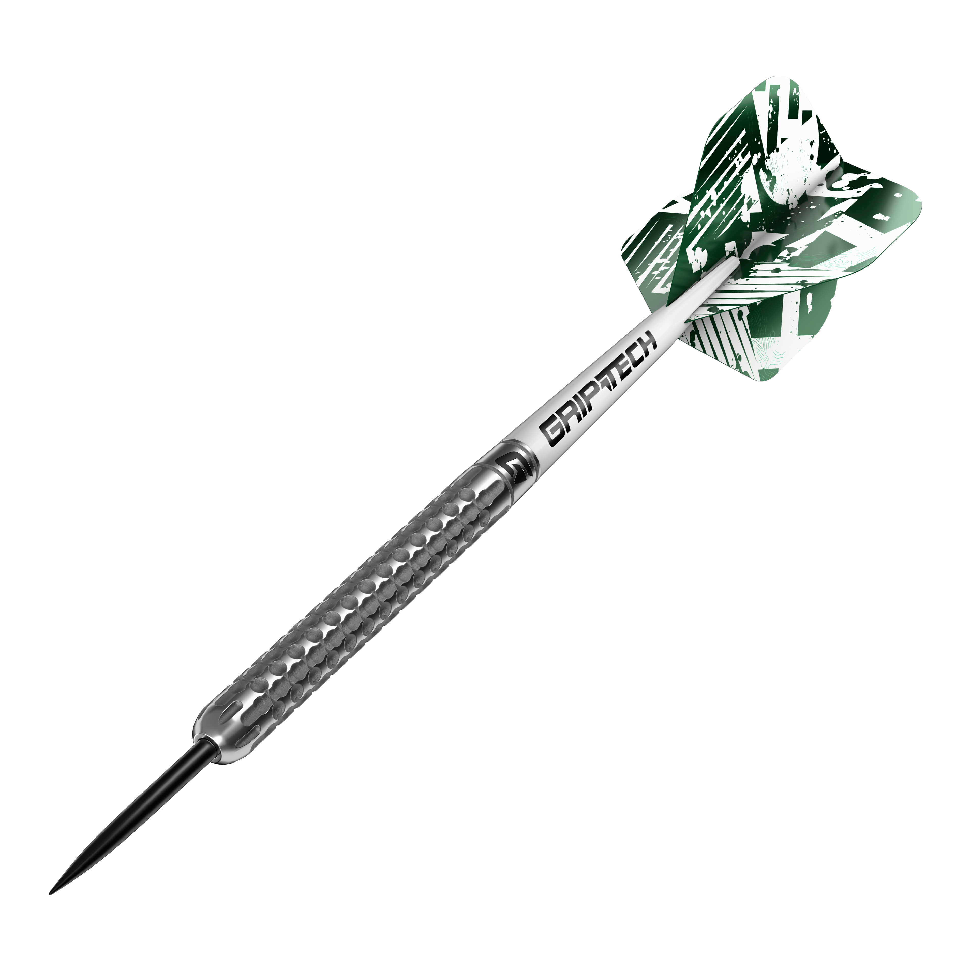 Freccette in acciaio al tungsteno GOAT Fairway V1 Das Bild zeigt einen GOAT Fairway V1 Tungsten-Steeldart mit silbernem, strukturiertem Griff. Am hinteren Ende befindet sich ein grüner Flight mit weißem Muster und der Aufschrift "GRIPTECH".