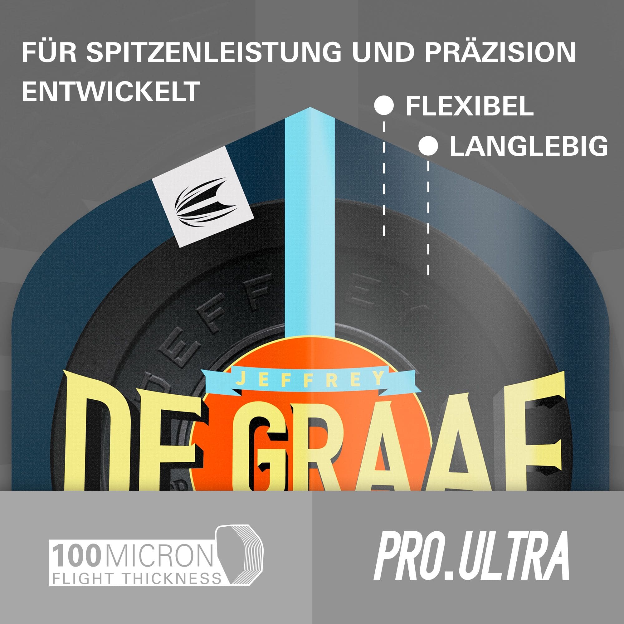 Target Pro Ultra Jeffrey De Graaf GEN1 No2 Standard Flights - 3 set Das Bild zeigt die Target Pro Ultra Jeffrey De Graaf GEN1 No2 Standard Flights in drei Sets. Die Flights sind flexibel, langlebig und haben eine Stärke von 100 Mikron.