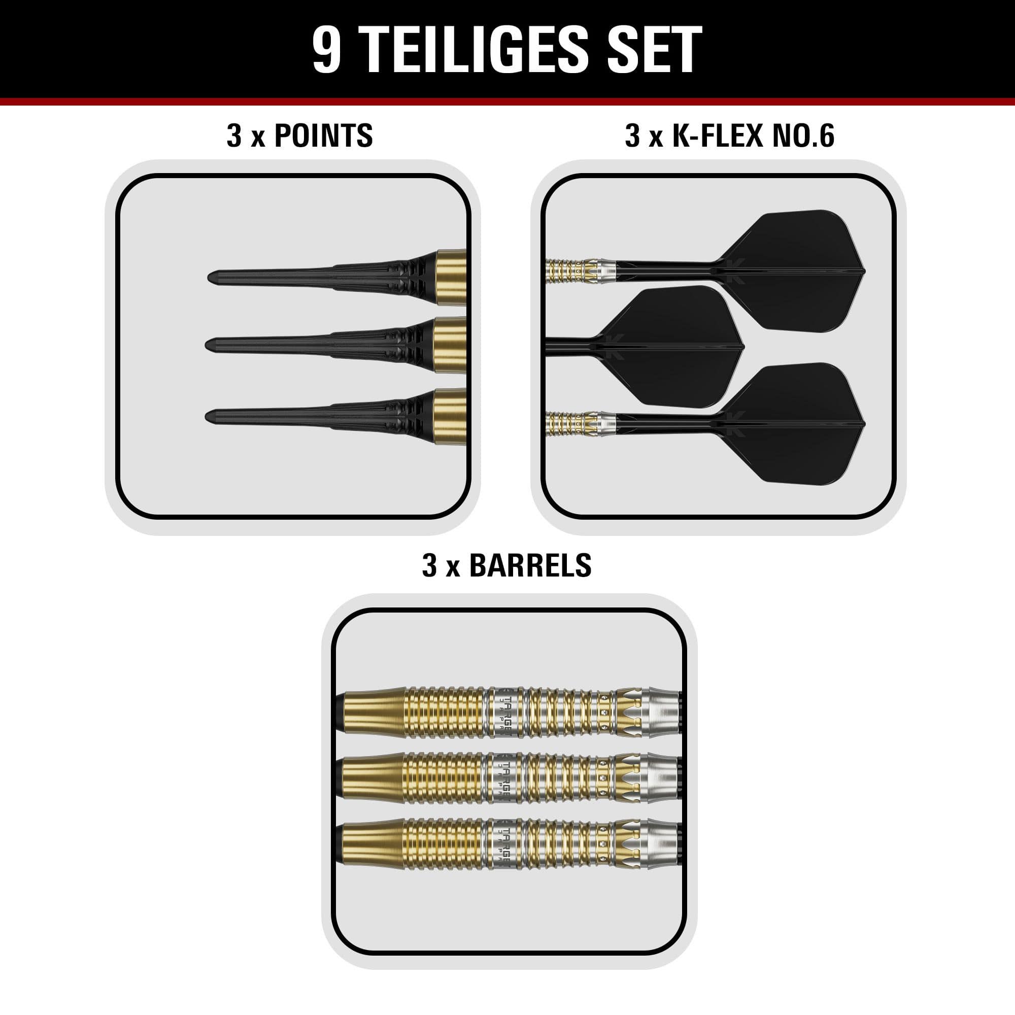 Freccette morbide Target Black Marque Enzo - 18 g Auf dem Bild befinden sich die Target Black Marque Enzo Softdarts mit 18g Gewicht. Die Softdarts sind für ihre gute Balance und Verarbeitung bekannt.