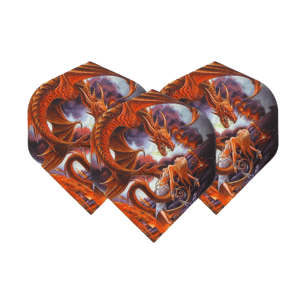 Alchemy Forge Of Vesuvius No2 Voli Standard Das Bild zeigt drei Dart-Flights mit einem fantasievollen Drachenmotiv. Auf den Flights ist ein roter Drache über einer Frau und feuriger Landschaft abgebildet.
