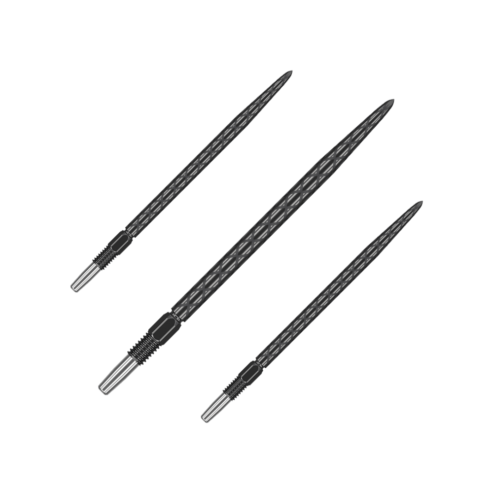 Punte per freccette Target Swiss Diamond Pro Black Points Das Bild zeigt drei schwarze Dartspitzen mit einem rautenförmigen Muster. Sie sind lang und haben ein silbernes Schraubgewinde am Ende.