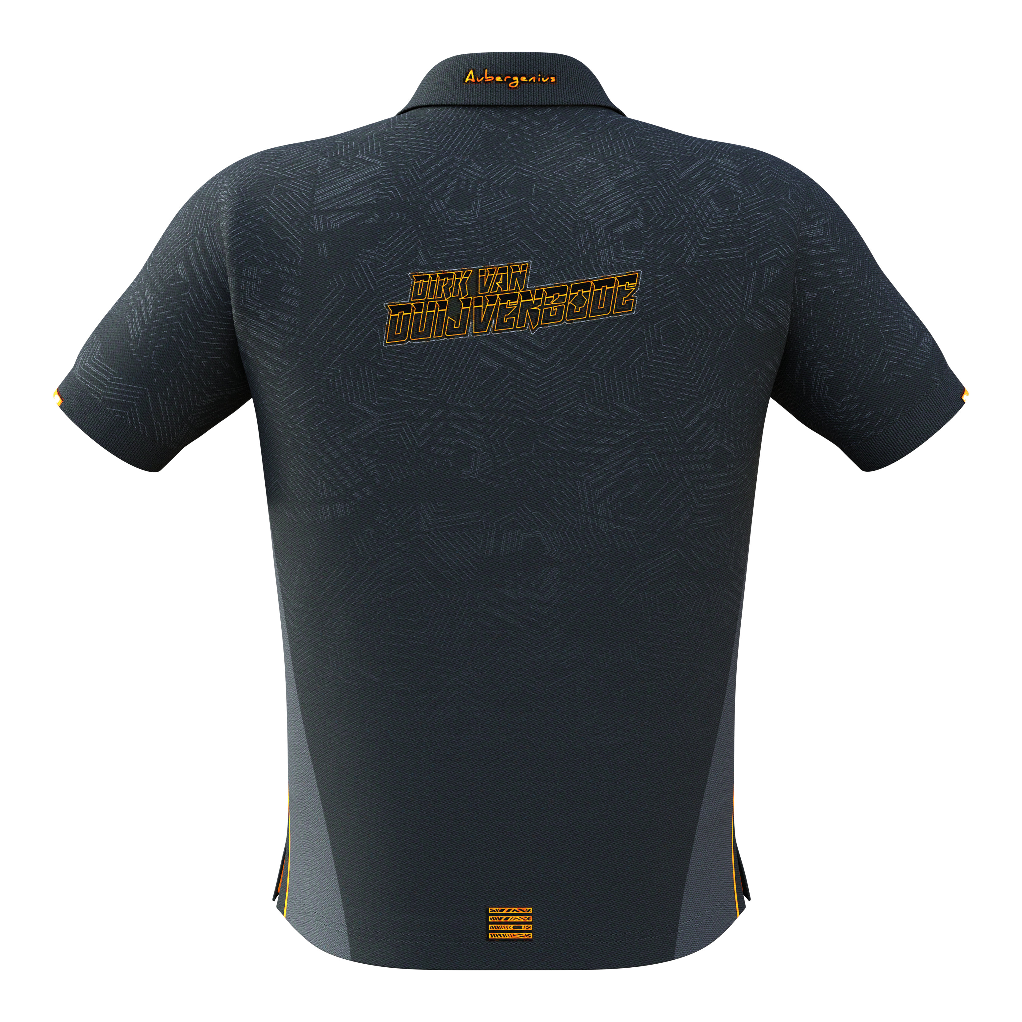 Maglia gara Bulls NL Dirk Van Duijvenbode 2025 Das Bild zeigt das Bulls NL Dirk Van Duijvenbode Matchshirt 2025 von hinten. Auf dem Rücken steht der Name "Dirk Van Duijvenbode" in gelber Schrift.