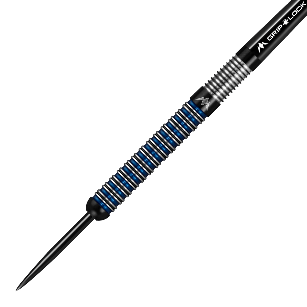 Dardi in acciaio Mission Nightfall Model 1 Das Bild zeigt einen Mission Nightfall Model 1 Steeldart. Der Dart hat ein modernes Design mit silbernen und blauen Ringen am Barrel.