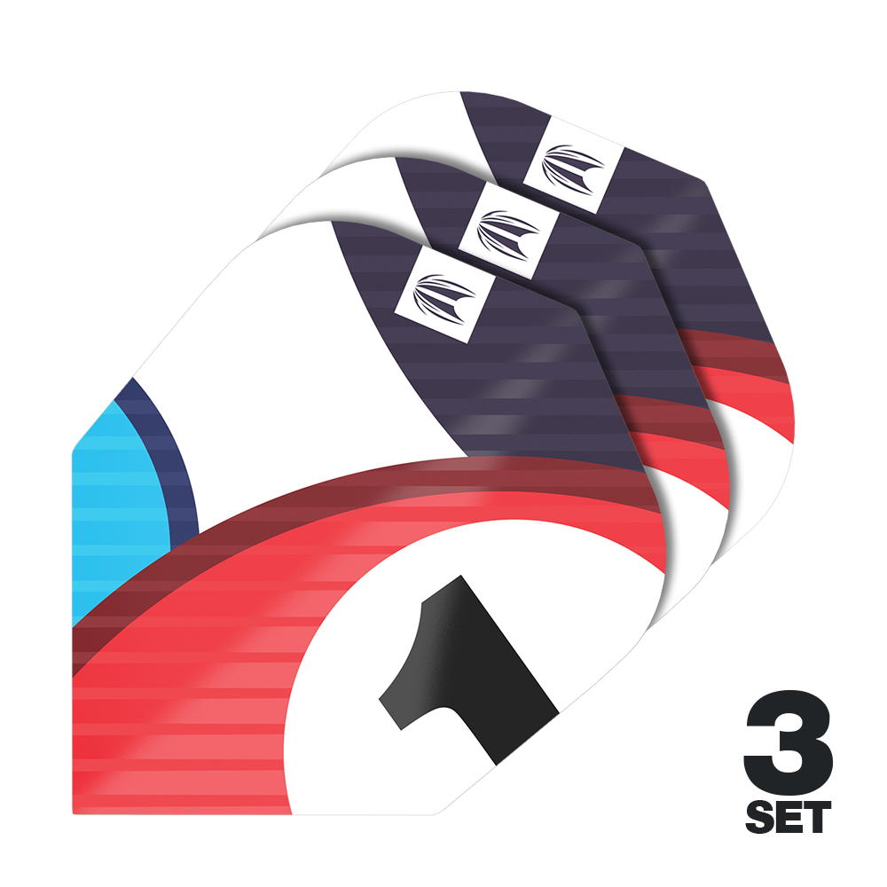 Alette Target Pro Ultra Chicane Blue No6 - 3 set Das Bild zeigt drei Sets von Target Pro Ultra Chicane Blue No6 Flights für Darts. Auf den Flights sind rote, blaue und schwarze Designelemente sowie die Zahl 1 zu sehen.