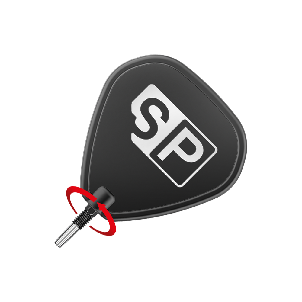 Punte per freccette Target Swiss Point RVE - Nere Das Bild zeigt eine schwarze Dartspitze mit der Aufschrift "SP" in Weiß. Ein roter Pfeil deutet auf die Richtung hin, in der die Spitze eingedreht werden soll.