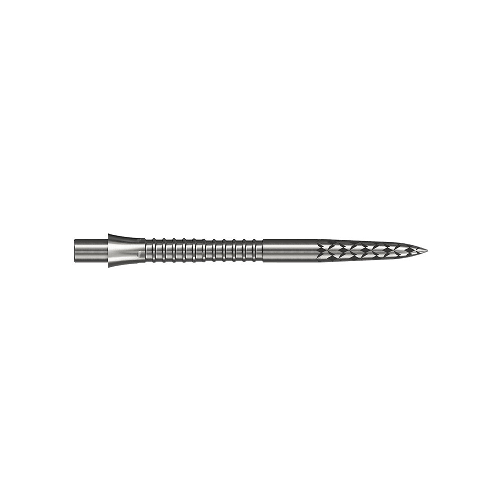Punte per freccette Mission Caliburn EVO con logo GV - argento Eine silberfarbene Steeldartspitze mit einer Länge von 32 mm ist auf dem Bild zu sehen. Das Bild trägt den Dateinamen M002128_Missoin_Caliburn_EVO_GV-Logo_Steeldartspitzen_Silber_32mm_2.