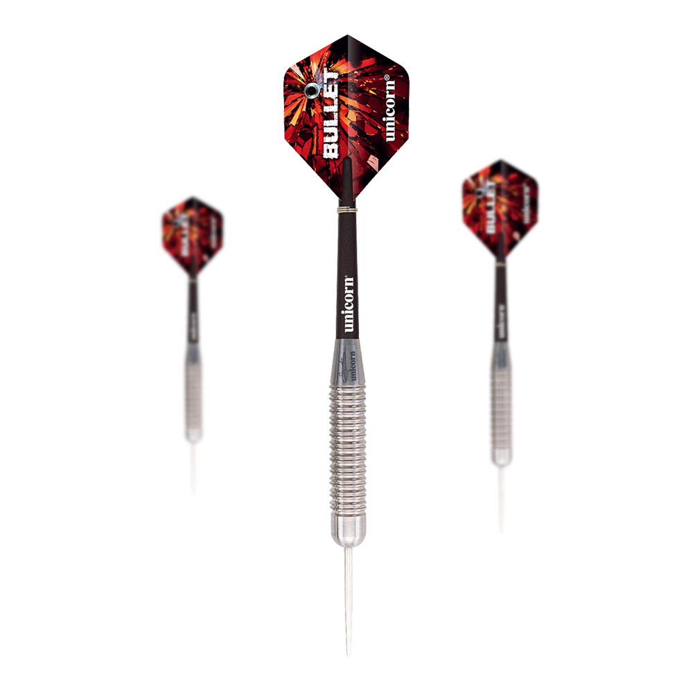Unicorn Bullet Gary Anderson Steeldarts - 22 g Das Bild zeigt drei Steeldarts des Modells "Unicorn Bullet Gary Anderson - 22g". Die Darts haben silberne Spitzen, geriffelte Griffe und rot-schwarze Flights mit der Aufschrift "BULLET".