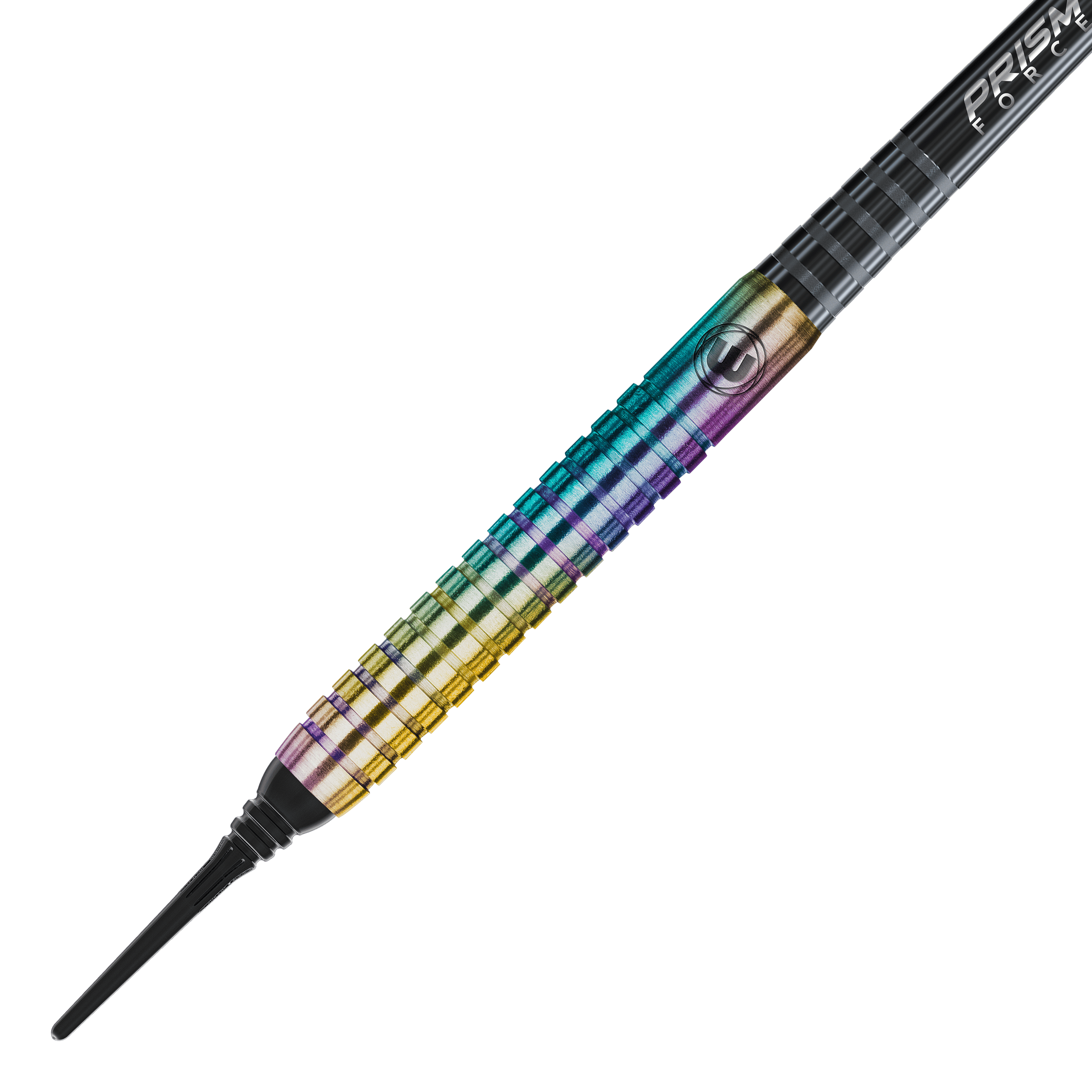 Freccette morbide Winmau Foxfire Urban - 20 g Das Bild zeigt einen Winmau Foxfire Urban Softdart mit einem Gewicht von 20 Gramm. Der Dart hat eine bunte, metallisch schimmernde Oberfläche mit feinen Rillen für besseren Halt.