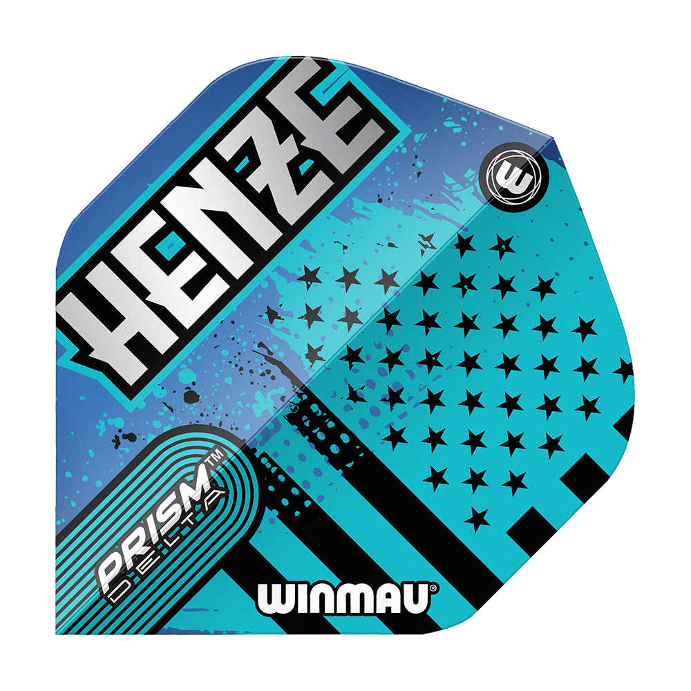 Voli standard Winmau Prism Delta Rick Henze Das Bild zeigt ein Winmau Prism Delta Rick Henze Standard Flight in blau-schwarzem Design. Auf dem Flight stehen die Wörter "HENZE", "PRISM DELTA" und "WINMAU".