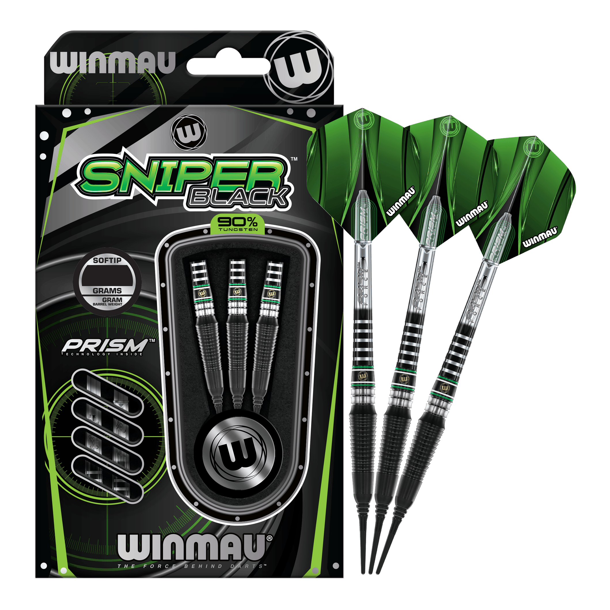 Freccette morbide Winmau Sniper Black 2025 - 20 g Das Bild zeigt die Winmau Sniper Black 2025 Softdarts mit einem Gewicht von 20g. Die Darts sind schwarz und grün gestaltet und werden in einer Verpackung mit drei Stück präsentiert.