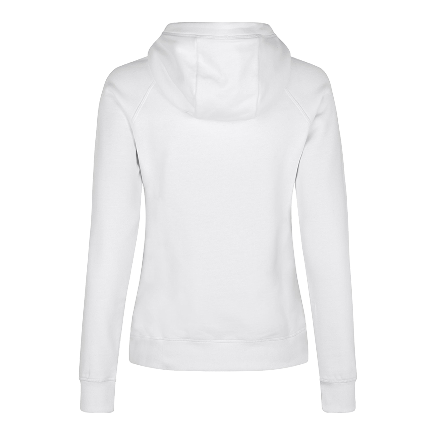Felpa con cappuccio da donna Barrels and Shafts - bianca Dies ist ein weißer Damen-Hoodie, der von hinten zu sehen ist. Das schlichte Design zeigt lange Ärmel und eine Kapuze.