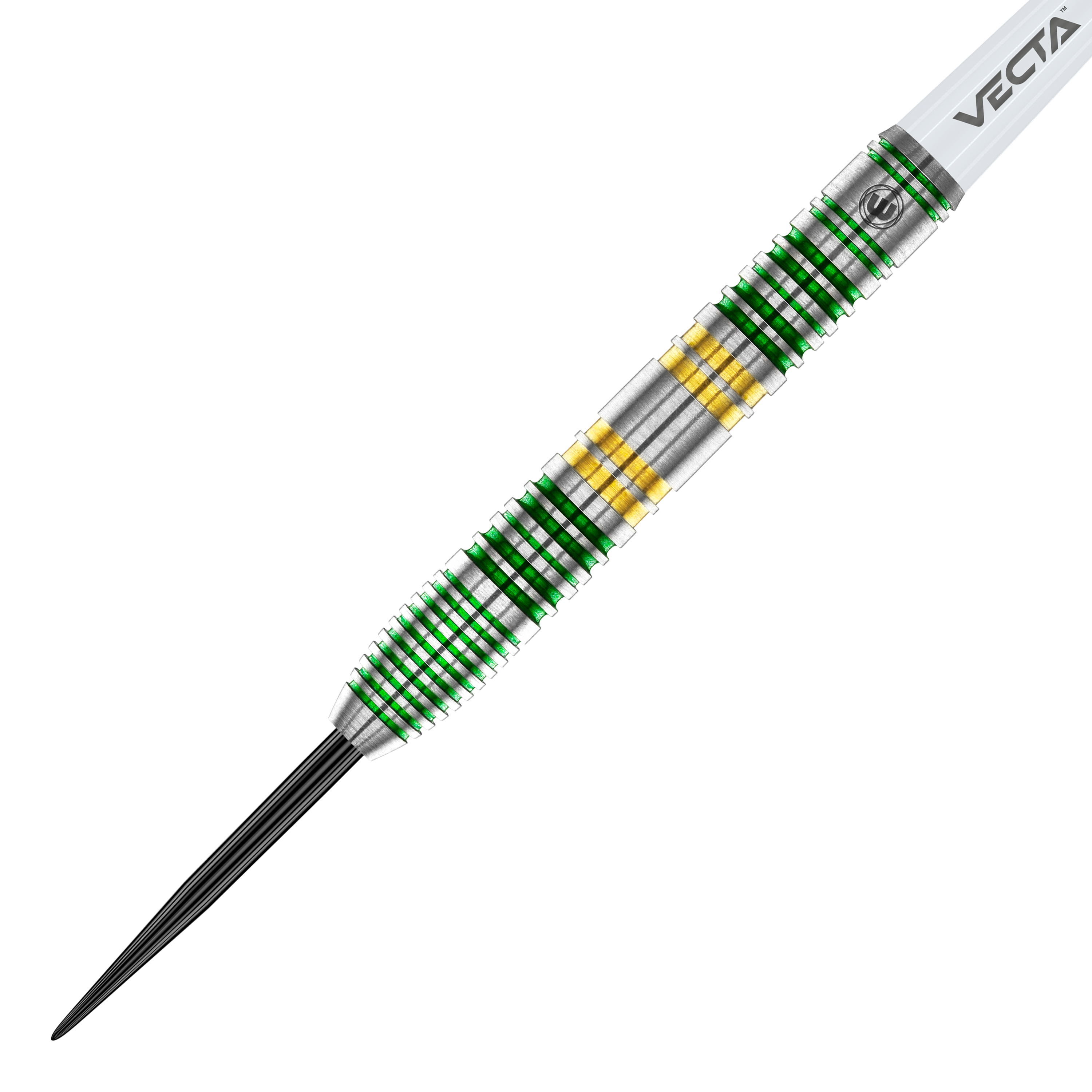 Freccette in acciaio Winmau Xenon Das Bild zeigt einen Winmau Xenon Steeldart. Der Dartpfeil hat ein silbernes Griffstück mit grünen und goldenen Ringen.