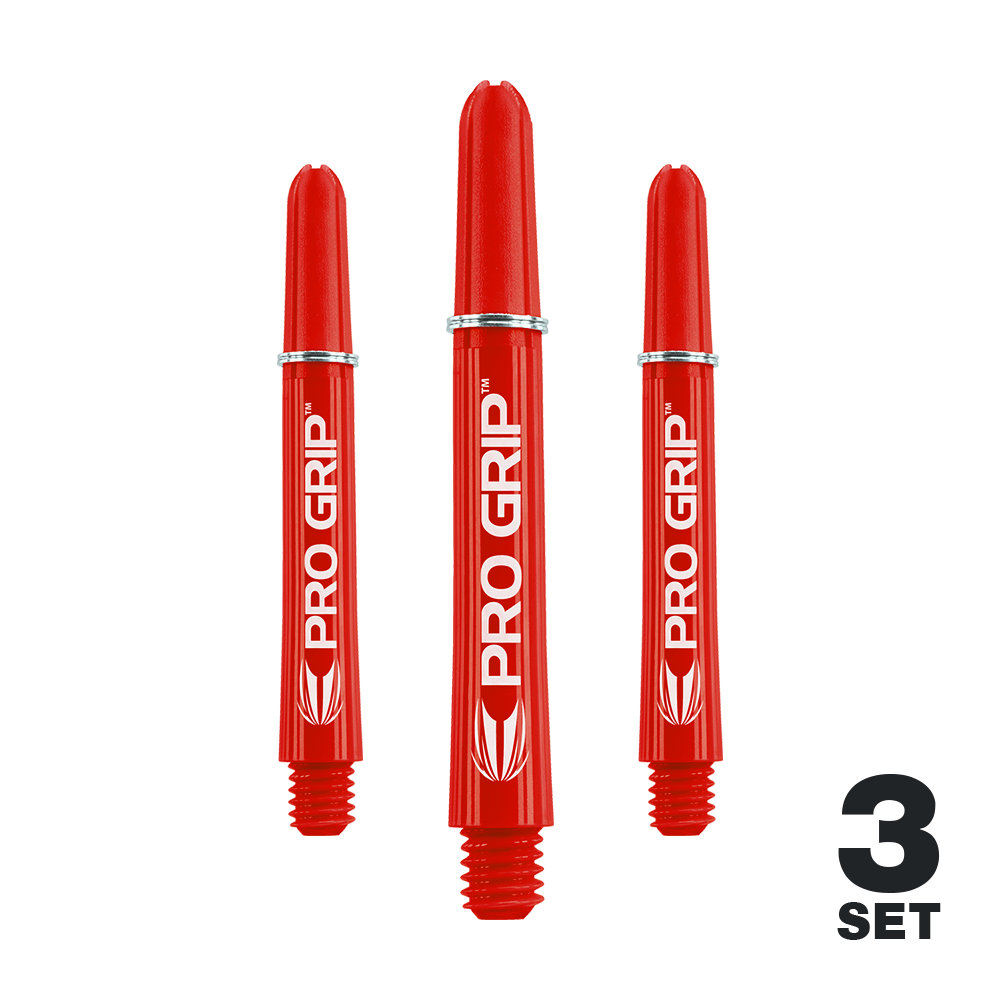 Target Pro Grip Shafts - 3 set - Rosso Auf dem Bild sind drei rote PRO GRIP Shafts für Darts zu sehen. Unten rechts steht "3 SET," was darauf hinweist, dass es sich um ein Set mit drei Stück handelt.