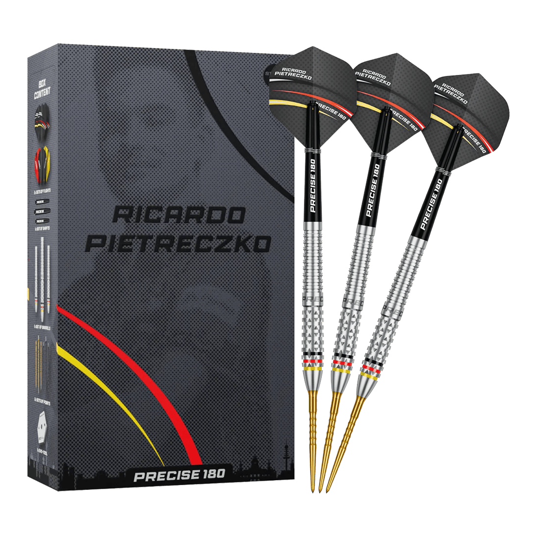Freccette in acciaio di precisione Ricardo Pietreczko GEN1, numero 180 Vollansicht der Precise 180 Ricardo Pietreczko GEN1 Steeldarts. Diese Darts sind für Präzision und Kontrolle entwickelt.