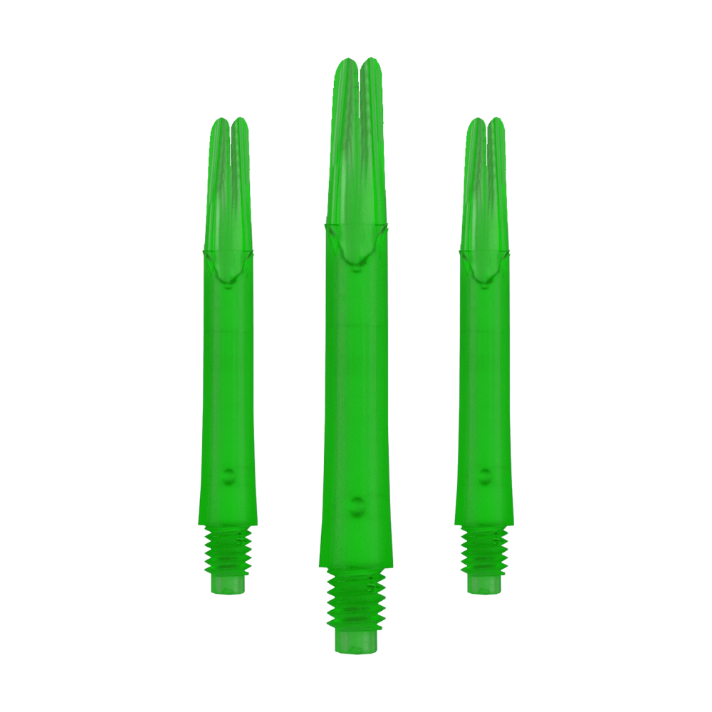 Alberi a L bloccati dritti - Verde Auf dem Bild sind drei gerade, grüne Dartshafts ohne Kappen zu sehen. Sie stehen nebeneinander und haben ein Schraubgewinde am unteren Ende.