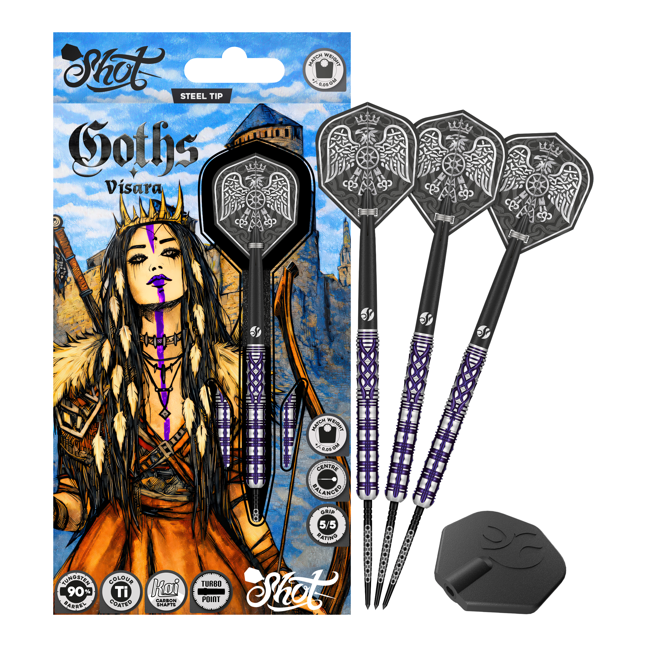 Freccette in acciaio Shot Goths Visara Turbo Point - 23 g Das Produkt zeigt die Shot Goths Visara Turbo Point Steeldarts - 23g in voller Ansicht. Diese Steeldarts stehen für Qualität und Zuverlässigkeit beim Dartspiel.