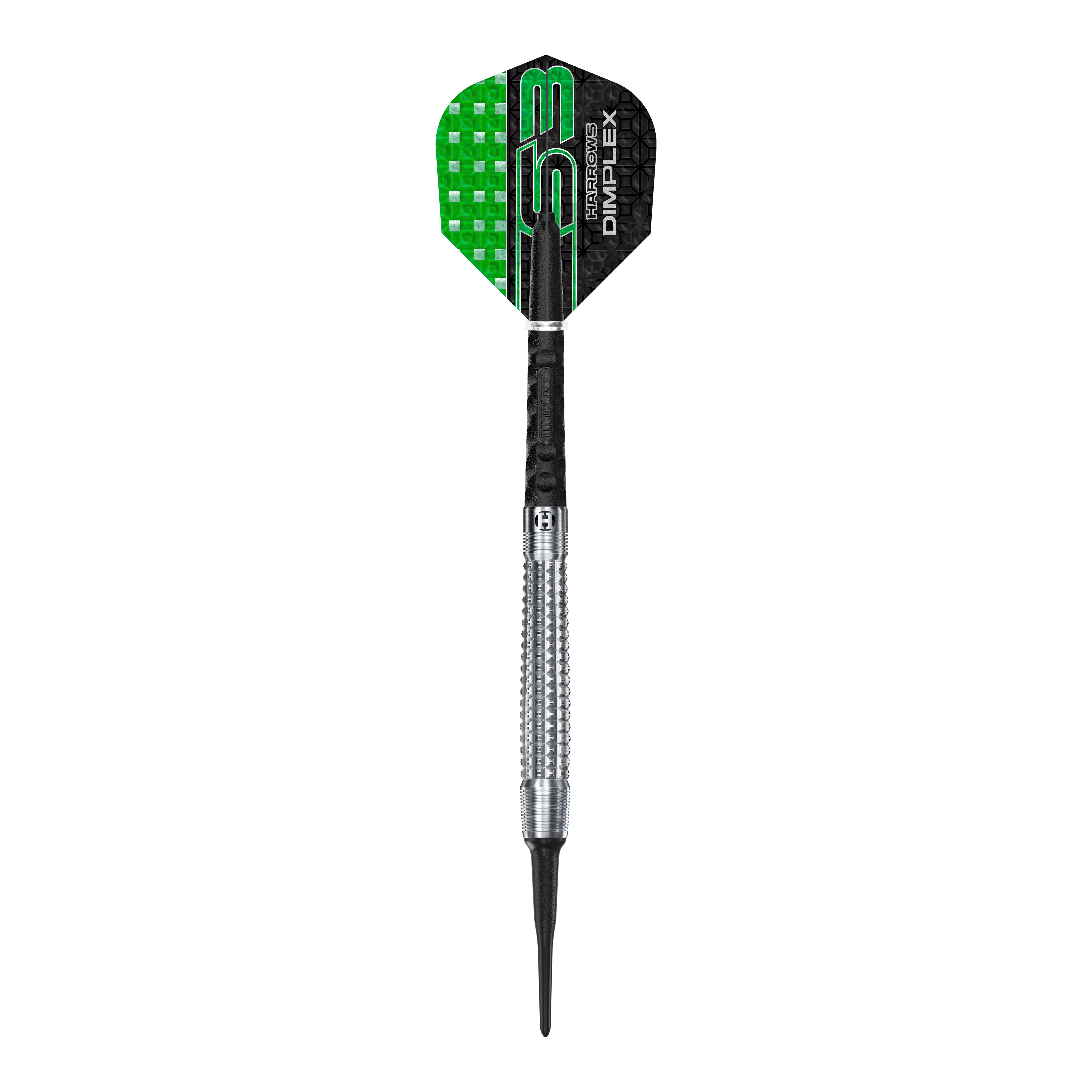 Freccette morbide coniche Harrows Dimplex S3 Das Bild zeigt einen Harrows Dimplex S3 Tapered Softdart. Der Dartpfeil hat eine Metallspitze und ein schwarzes und grünes Flight-Design.