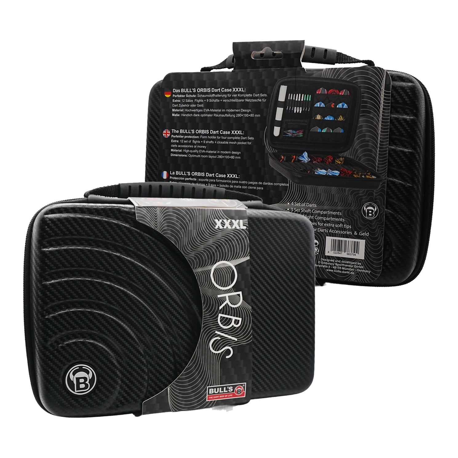 Custodia per freccette Bulls Orbis XXL - grigio carbonio Das Bild zeigt das Produkt "Bulls Orbis XXL Dartcase - Carbongrey" in schwarzer Carbon-Optik. Das Dartcase ist groß und bietet Platz für mehrere Dart-Sets und Zubehör.