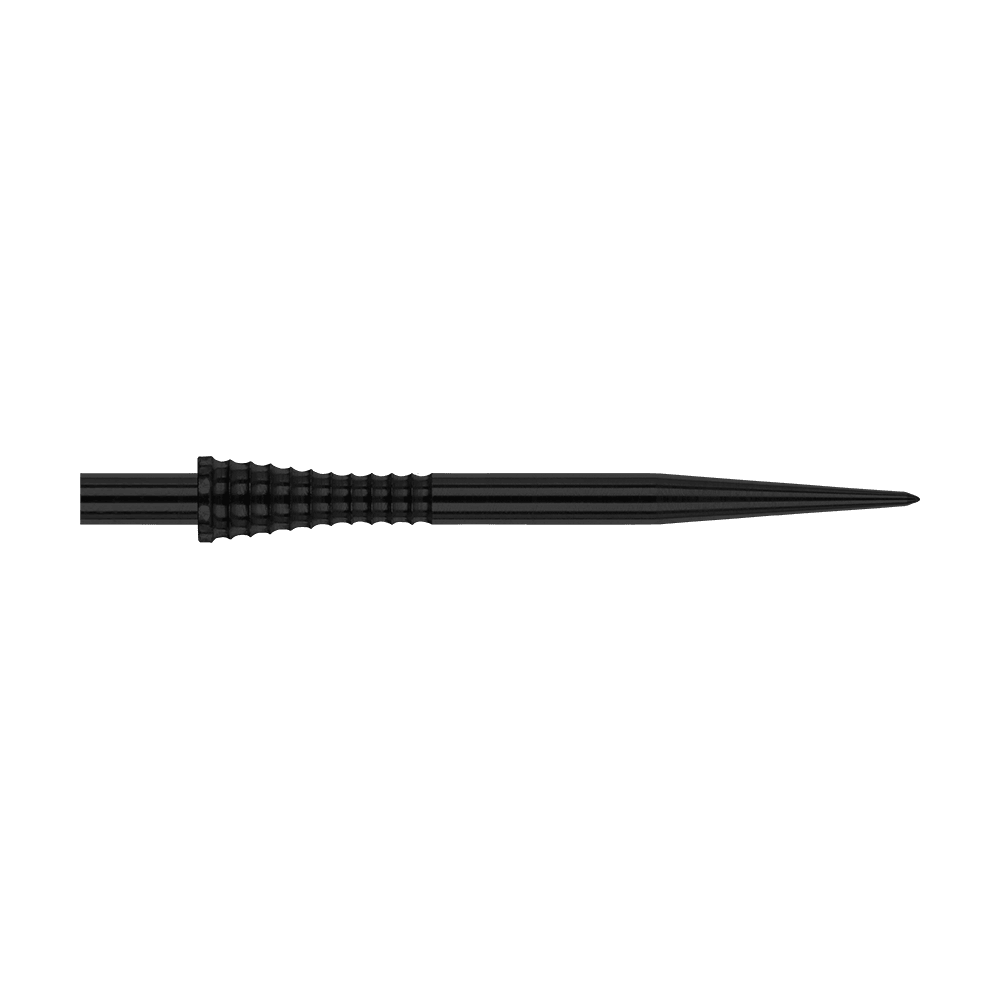 Punte per freccette in acciaio nero Red Dragon Raptor Gripped da 38 mm Das Bild zeigt die Red Dragon Raptor Gripped Black Steeldartspitze mit einer Länge von 38 mm. Die Spitze ist schwarz und hat eine geriffelte Grifffläche für besseren Halt.