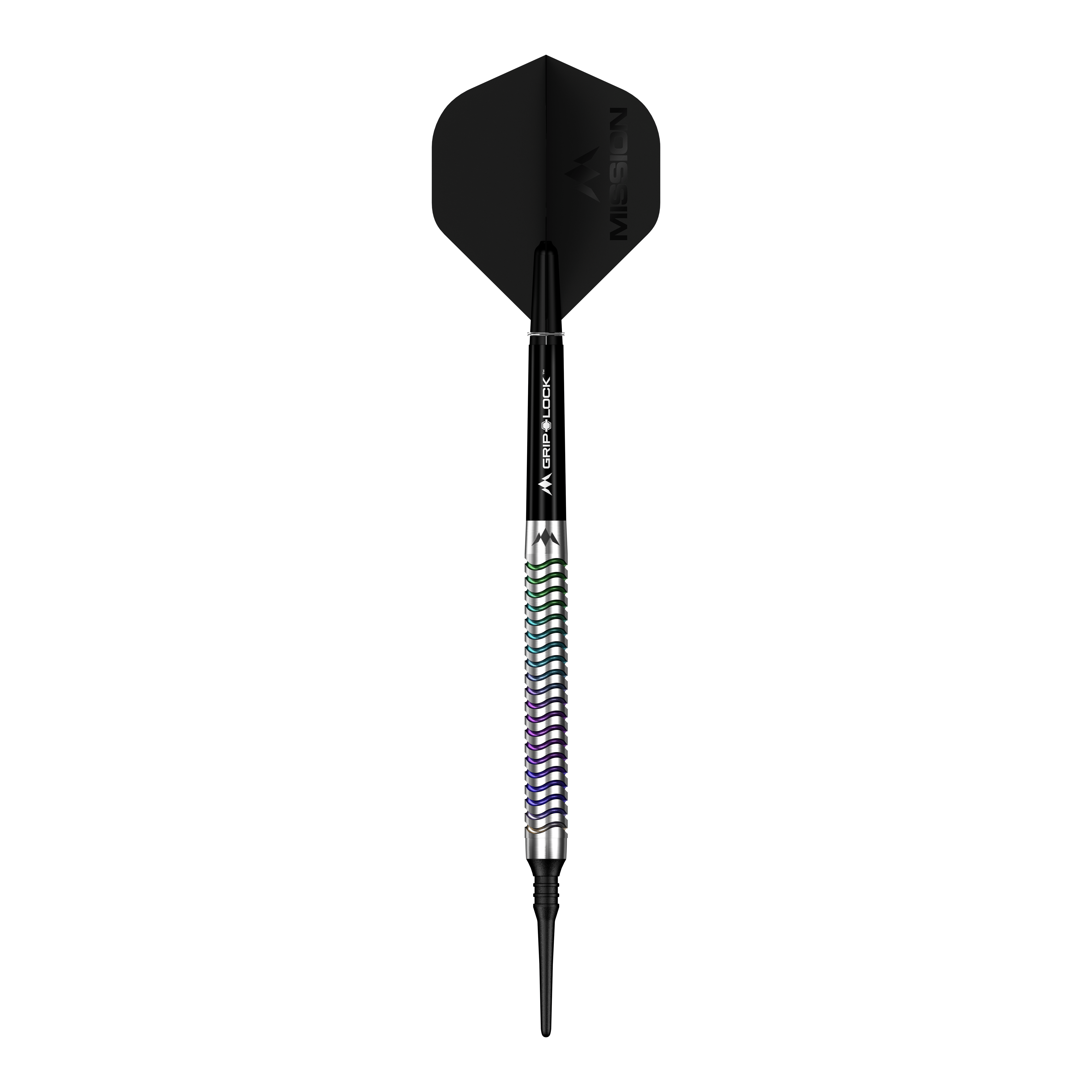 Freccette morbide Mission Mirage - 20 g Hier ist ein Mission Mirage Softdarts - 20g abgebildet. Das Bild hebt die Details des Softdarts hervor.