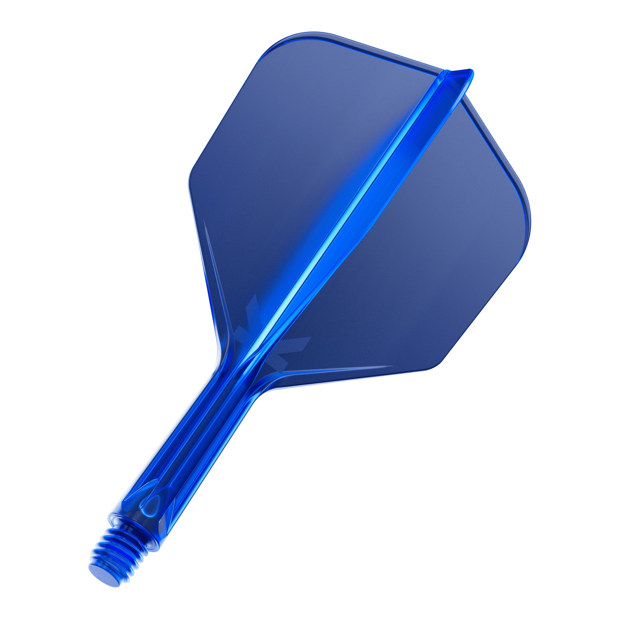 Sistema di volo Target K-Flex No6 - Blu Das Bild zeigt ein blaues Dartflight-System mit integriertem Schaft. Das Material wirkt durchsichtig und hat eine glatte, glänzende Oberfläche.